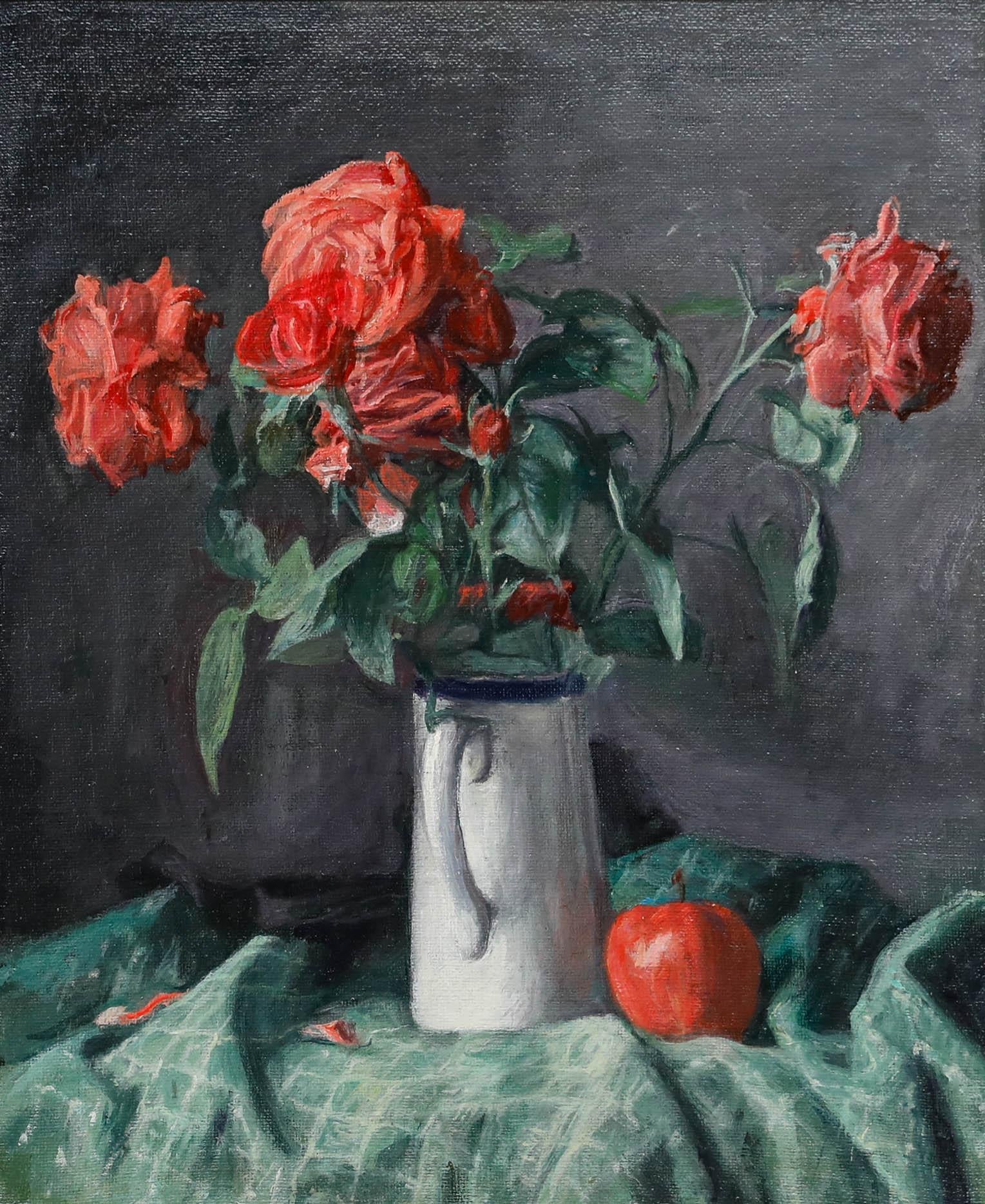 George Weissbort (1928-2013) - Huile du 20e siècle encadrée, une cruche de roses rouges en vente 1