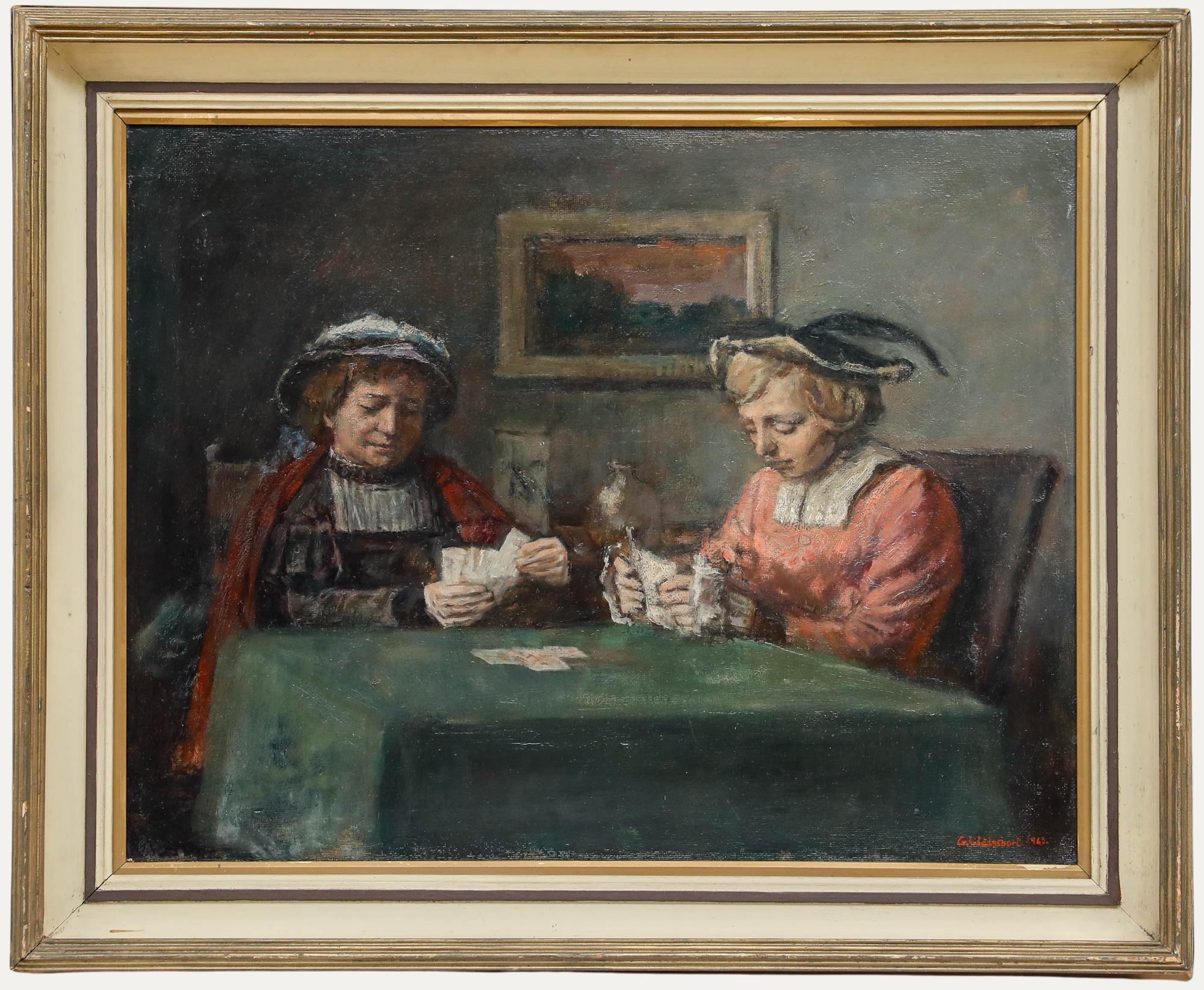 An intimate genre scene by George Weissbort (1928-2013) depicting two ladies engrossed in a game of cards. Well presented in a painted wooden frame. Signed to the lower right and dated 1963. On board.