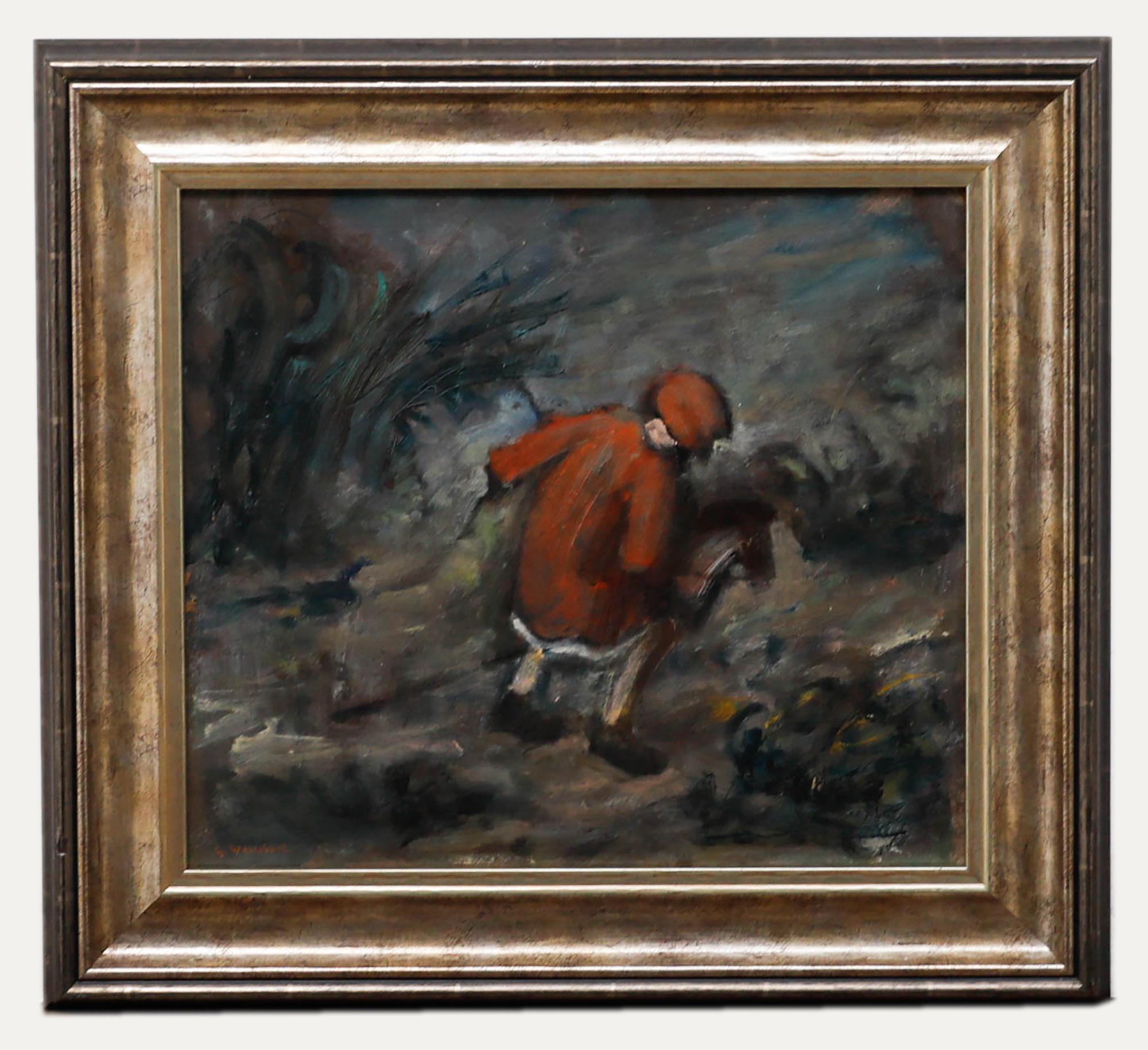 Questo dinamico dipinto a olio ritrae un bambino con cappotto e berretto rosso che si muove velocemente su un cavallo da passeggio tra alte canne. La pennellata sciolta e la tavolozza di colori tenui creano un senso di mistero e movimento, attirando