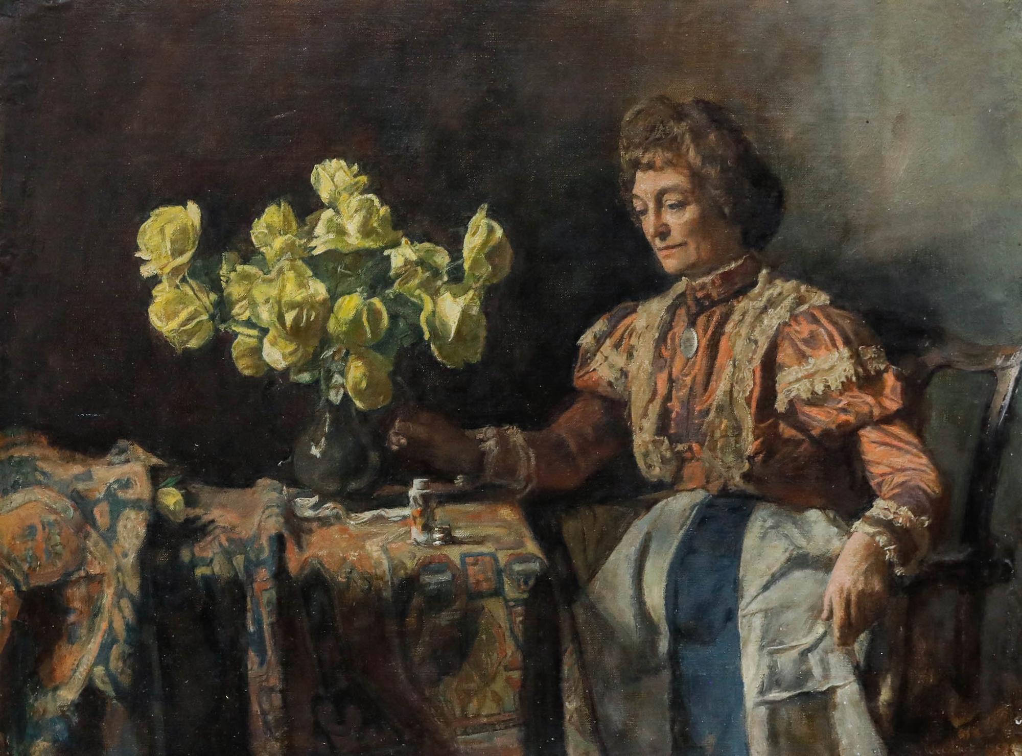 George Weissbort (1928-2013) - Gerahmtes Ölgemälde des 20. Jahrhunderts, Dame mit gelben Rosen im Angebot 1