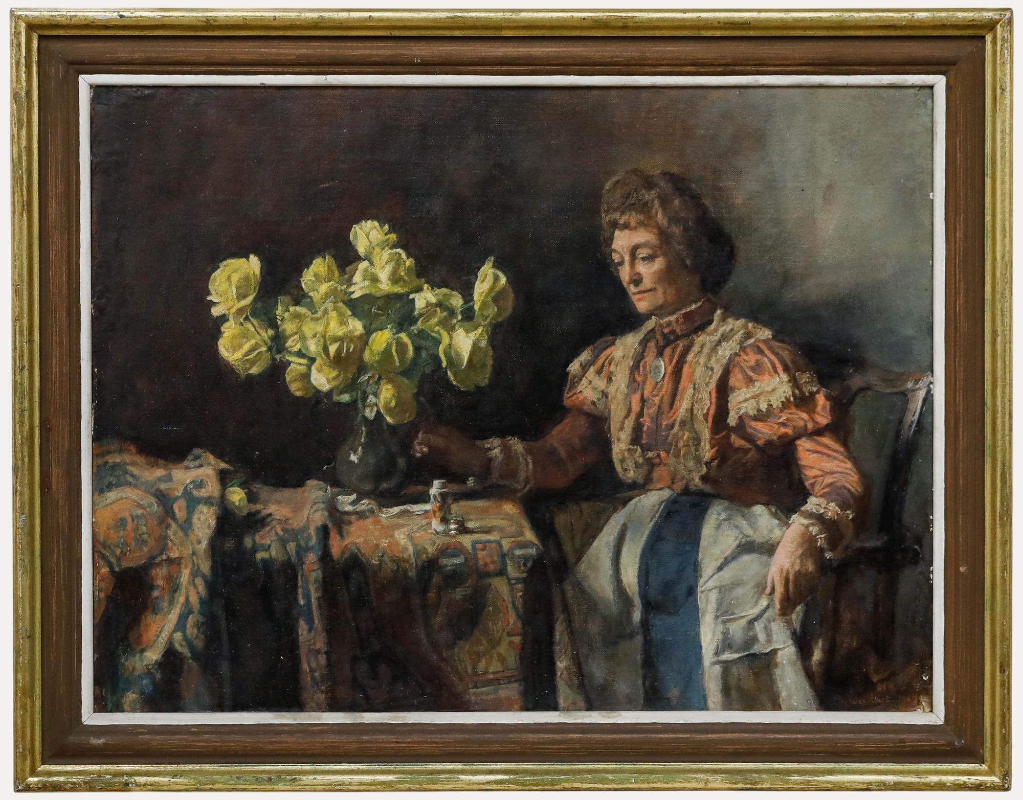 Eine detailreiche Interieurszene des Künstlers George Weissbort (1928-2013), die eine sitzende Dame zeigt, die einen prächtigen Strauß gelber Rosen bewundert. Gut präsentiert in notleidendem Holzrahmen mit einem weiß gestrichenen Fenster. Signiert