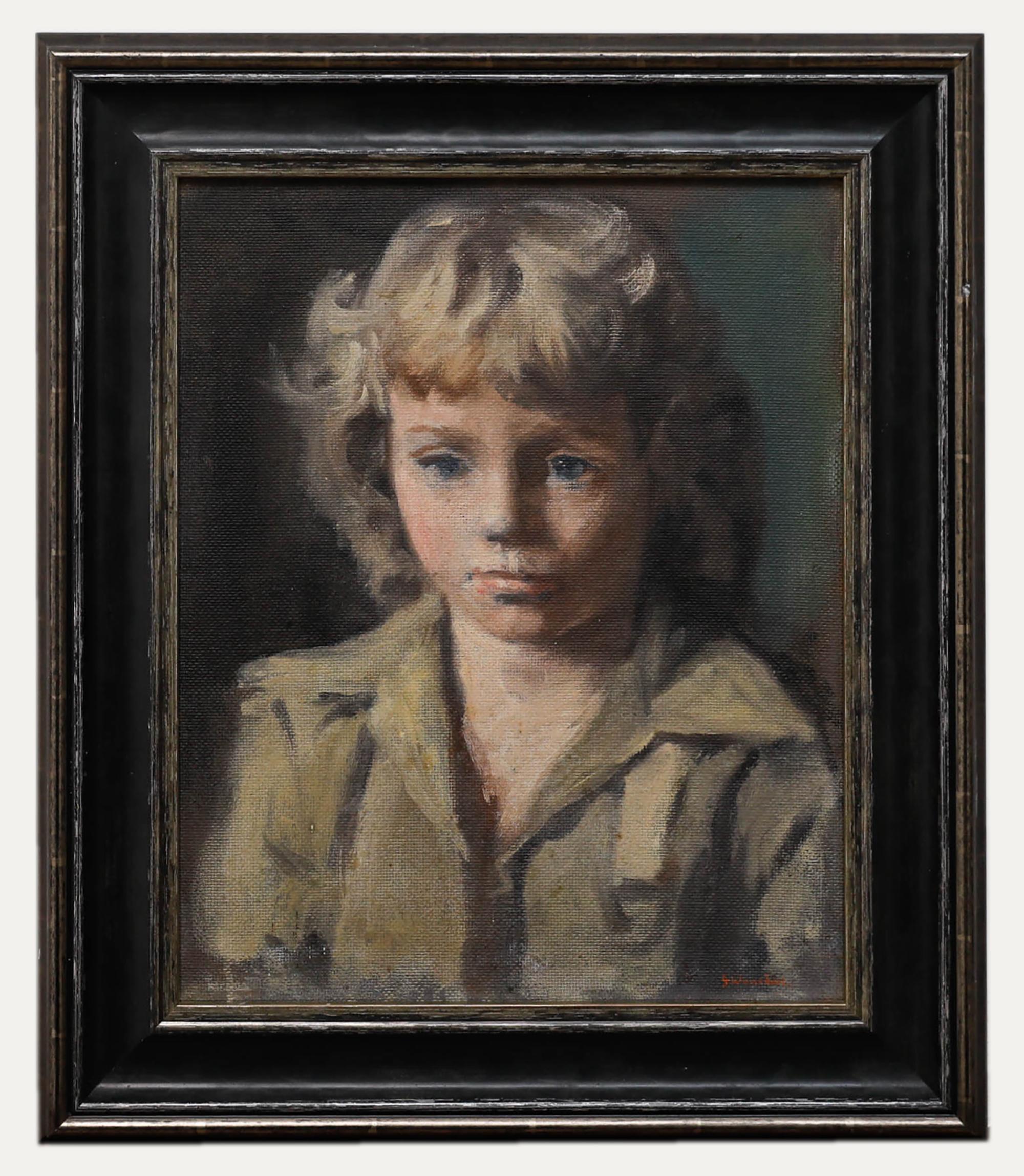 Portrait de caractère d'un jeune enfant, tête et épaules. Bien présenté dans un cadre complémentaire de couleur argentée et noire. Signé en bas à droite. A bord.