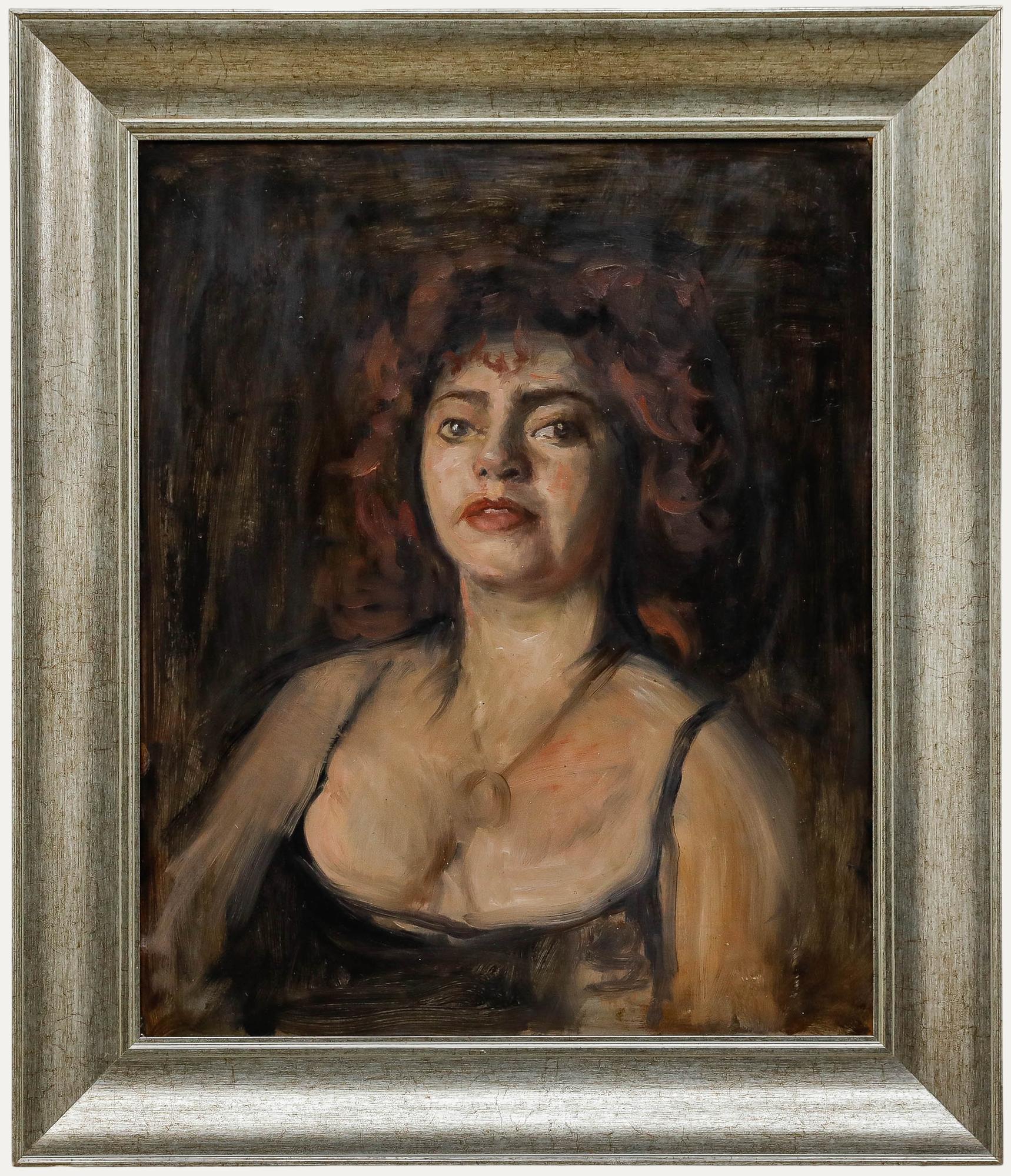 Frauenporträt, Öl auf Karton. Nicht signiert. Gut präsentiert in einem großen Gold-Effekt Rahmen. (Provenienz: Studio Sale, George Weissbort). 