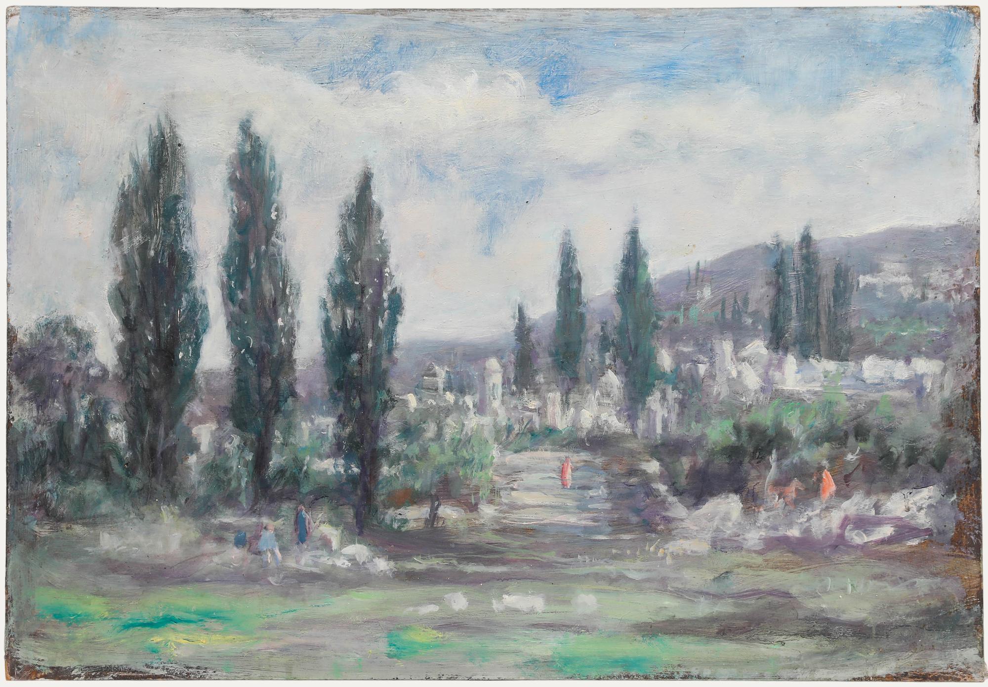 European landscape with figures, oil on board. Unsigned. (Provenance: Studio Sale, George Weissbort). 