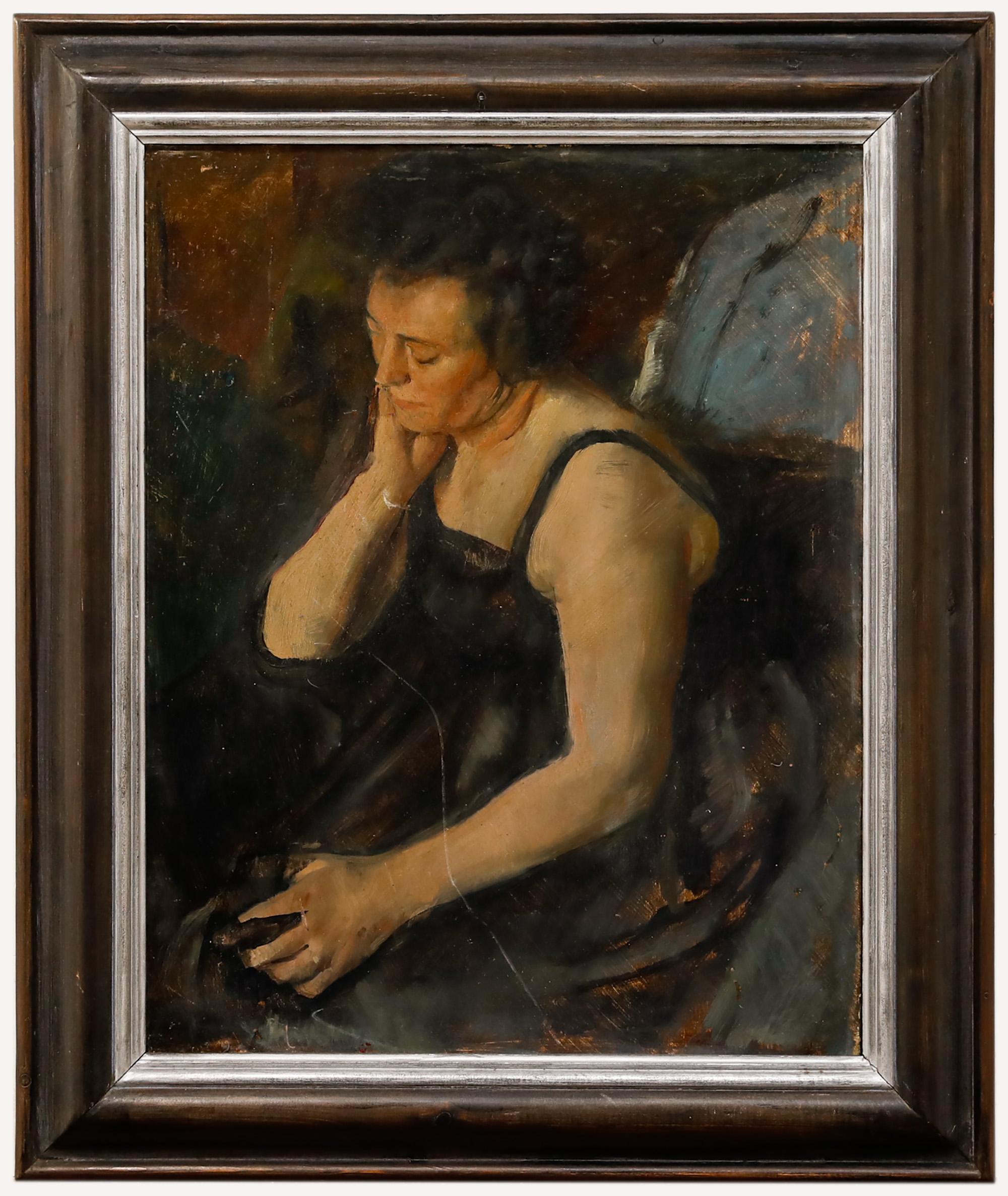 Un raffinato studio di una donna seduta con la testa appoggiata alla mano. L'artista sceglie un'angolazione unica, catturando la donna dall'alto mentre siede profondamente pensierosa. 

Senza segno. Presentato in una cornice di legno con finestra