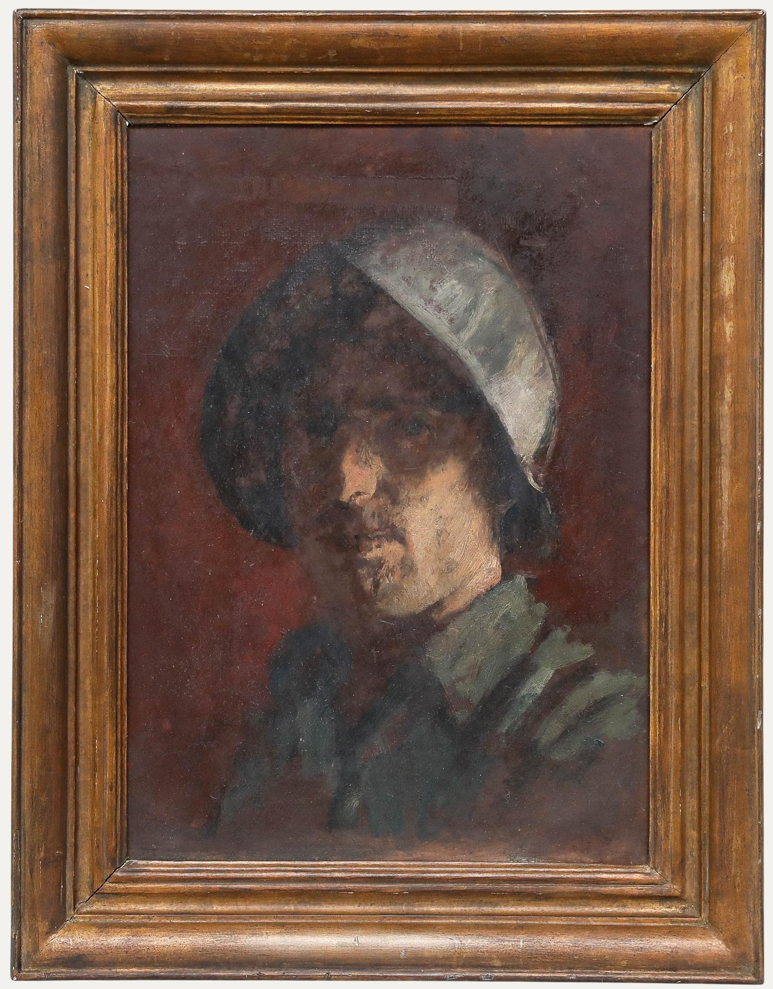 Un portrait intrigant de l'artiste George Weissbort (1928-2013) représentant un gentleman portant un casque espagnol, sur un riche fond marron. Non signée. Présenté dans un important cadre doré. A bord. 