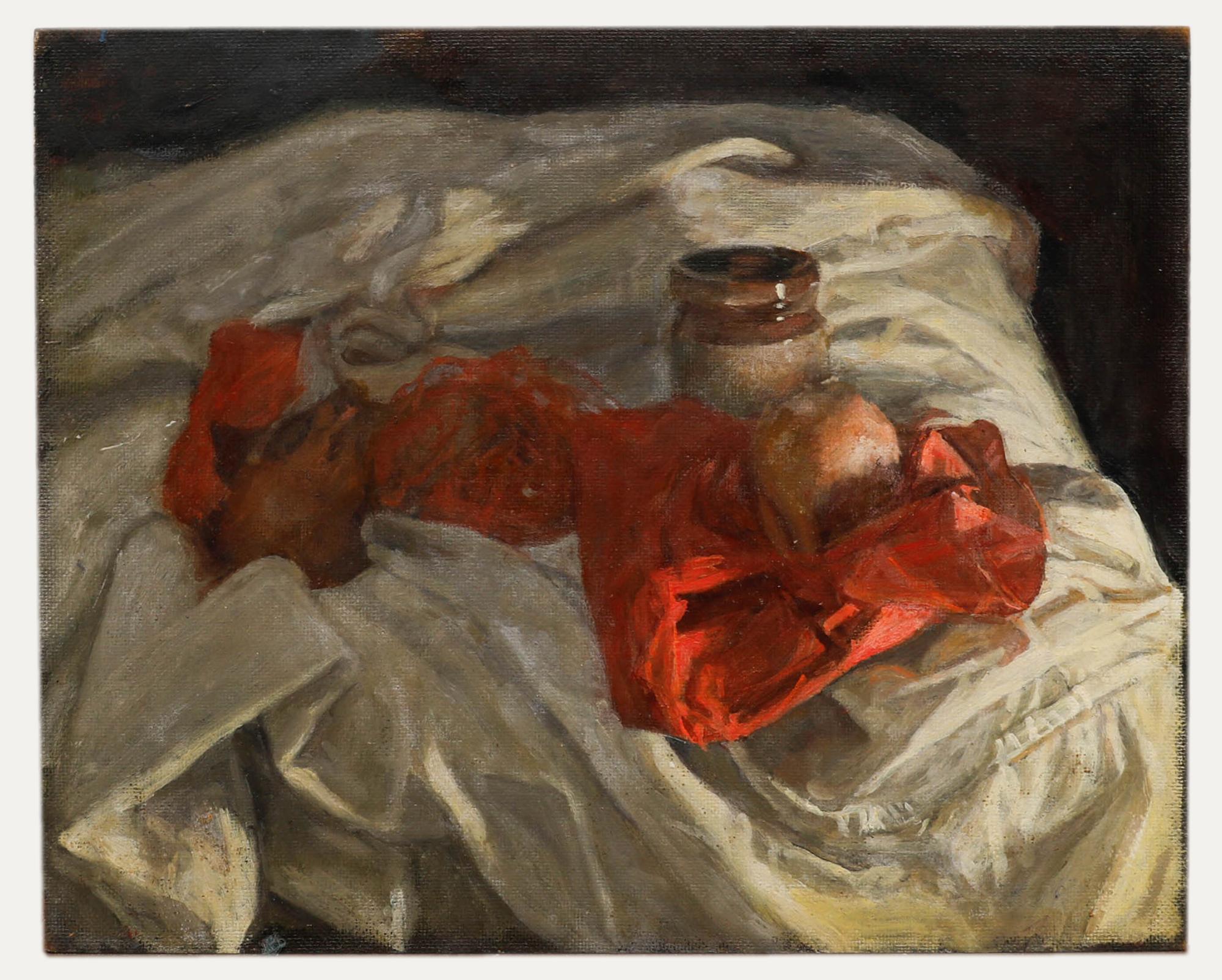 George Weissbort (1928-2013) - Óleo, un tarro y granadas sobre tela roja 1