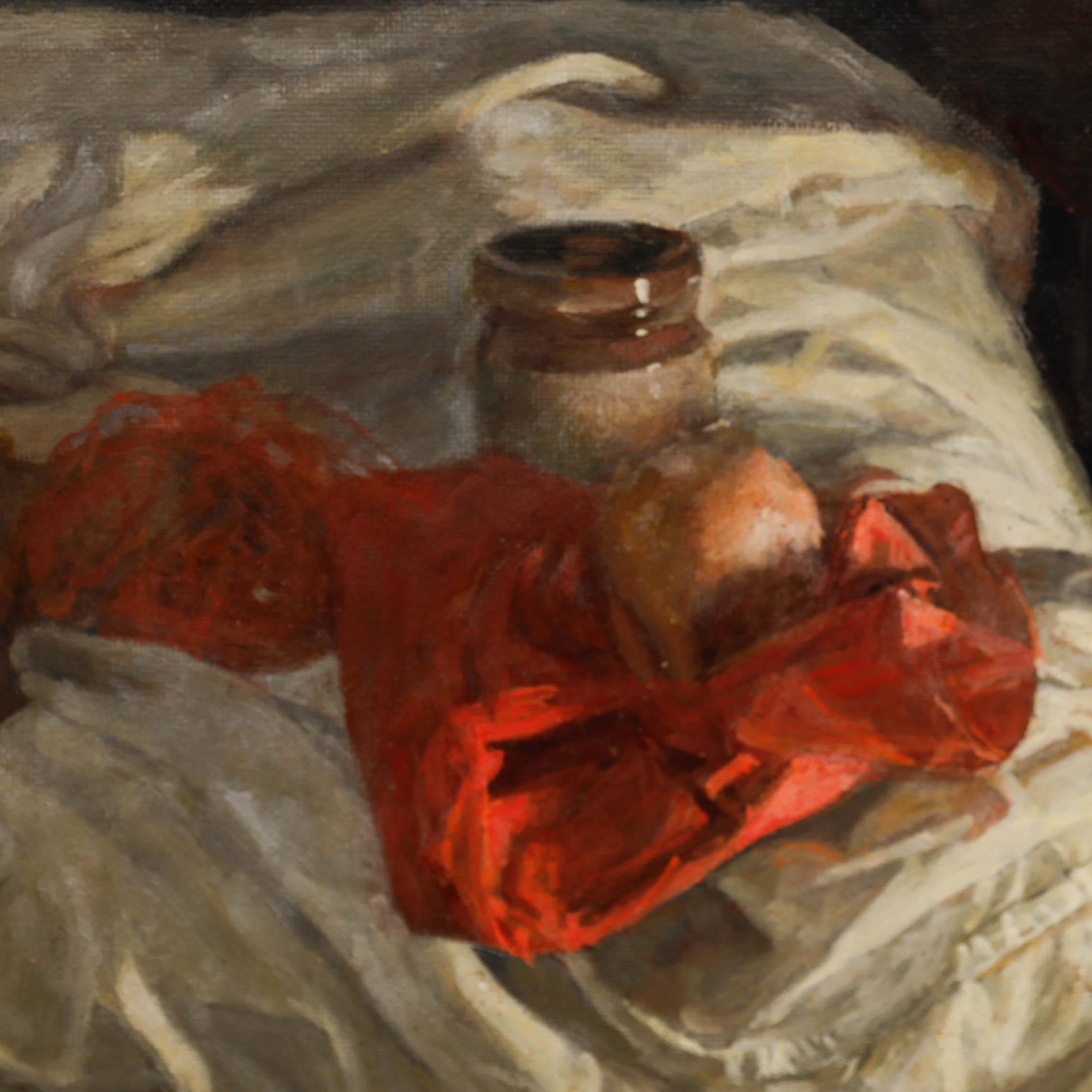 George Weissbort (1928-2013) - Óleo, un tarro y granadas sobre tela roja 3