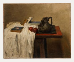 George Weissbort (1928-2013)- Oil, Bronze Figurine, Fruit & Books on White Cloth