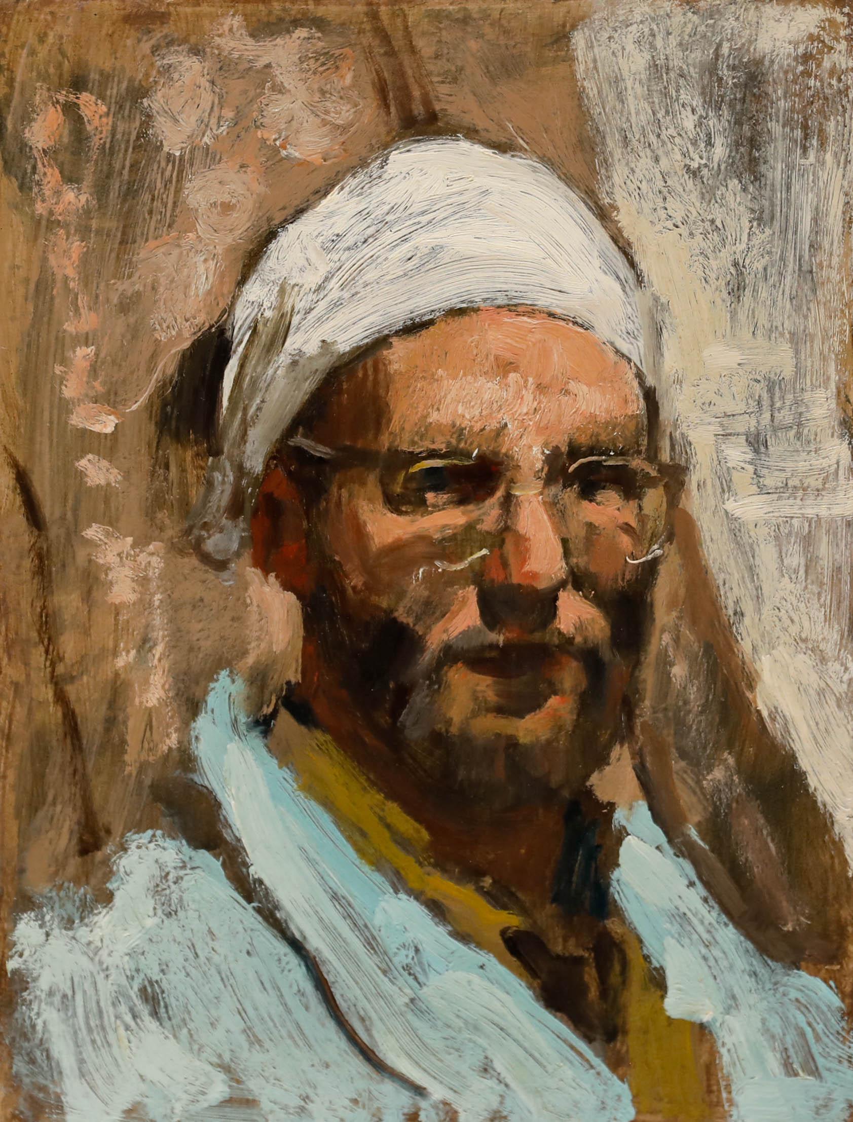 George Weissbort (1928-2013) - Öl, Selbstporträt mit weißem Kopftuch im Angebot 1