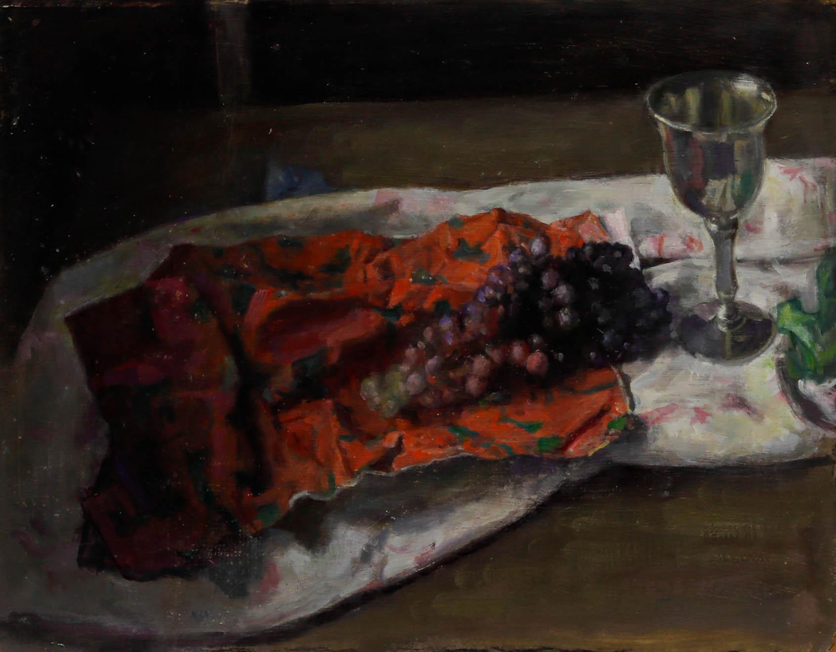 George Weissbort (1928-2013) - Óleo, Bodegón de uvas sobre tela roja y verde en venta 1