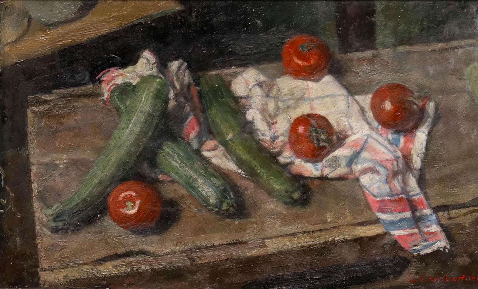George Weissbort (1928-2013) - Óleo, Naturaleza muerta de tomates y corguettes en venta 1