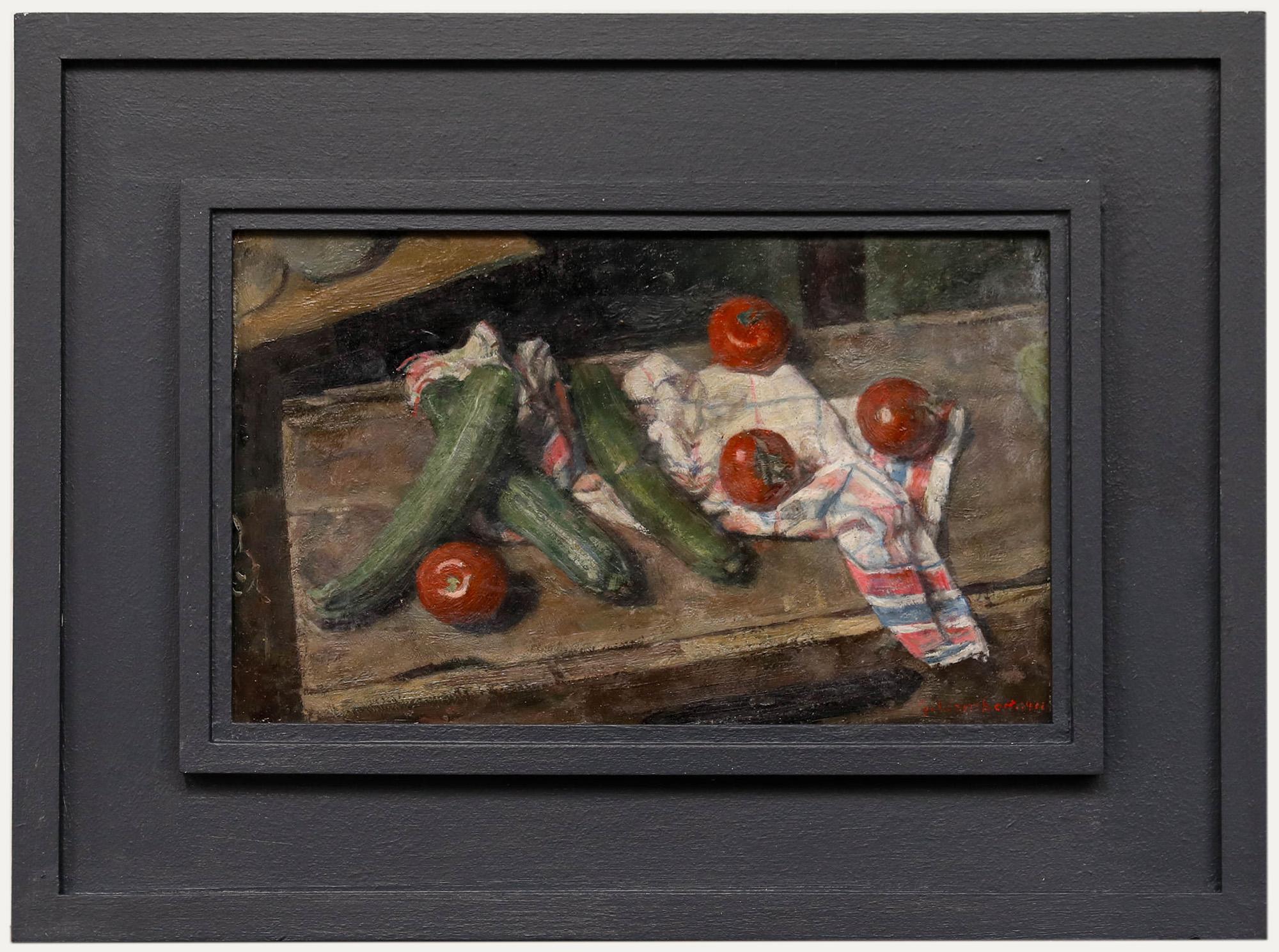 Naturaleza muerta, óleo sobre tabla. Tomates y calabacines sobre una tabla de cortar de madera a cuadros. Presentado en un marco de estilo contemporáneo. Firmado abajo a la derecha y fechado en 1971. 