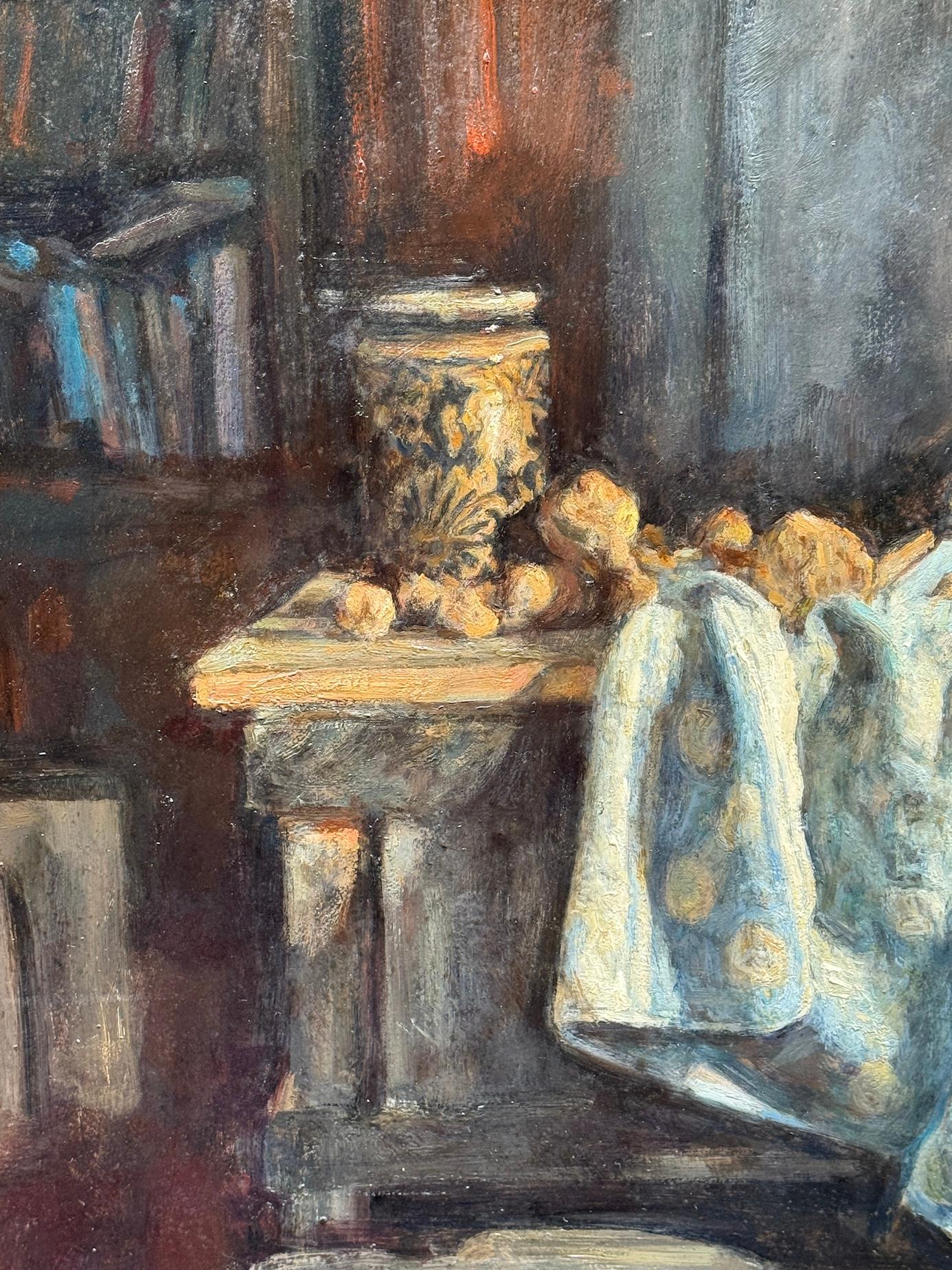 Impressionist still life Interior, Blanket, Nuts, Ceramics, bookcase, mushrooms For Sale 7