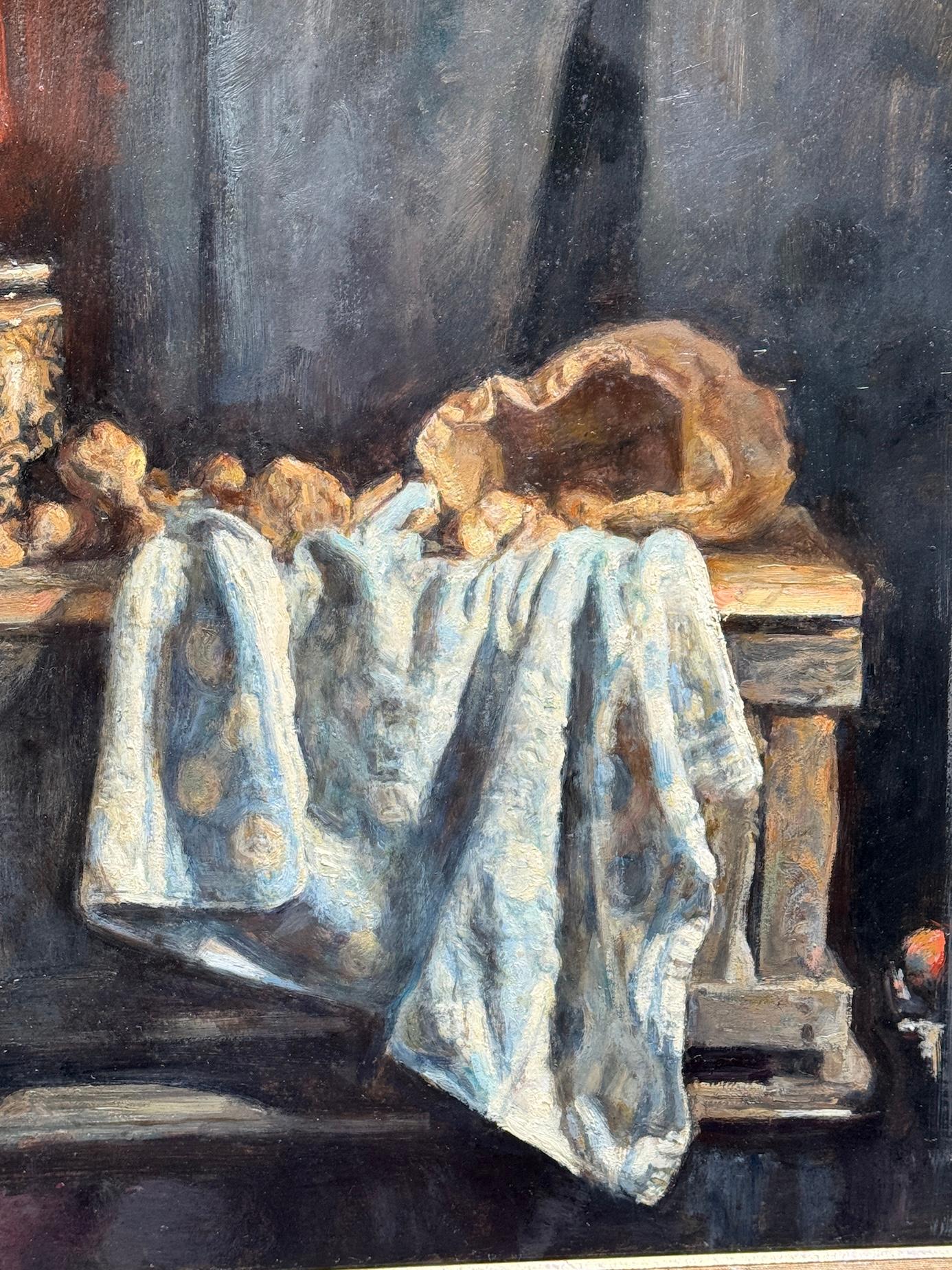 Impressionist still life Interior, Blanket, Nuts, Ceramics, bookcase, mushrooms - Brown Interior Painting by George Weissbort