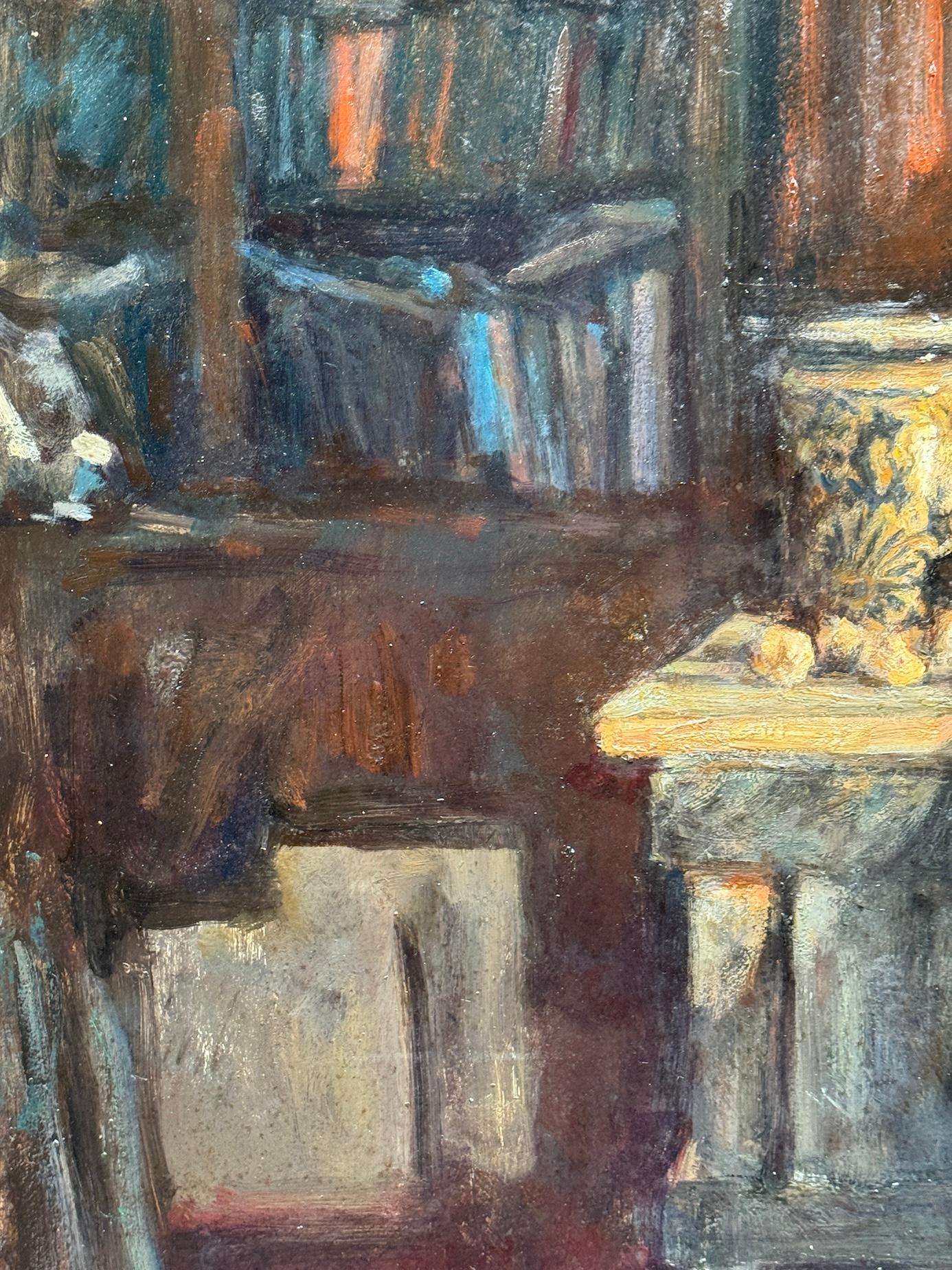 George Weissbort (British, 1928–2013)
Still Life of an Interior with Trunk and Drapery
Oil on board, signed lower left
Circa 1970
Presented in the original English oak frame

This richly textured still life by George Weissbort reveals the quiet
