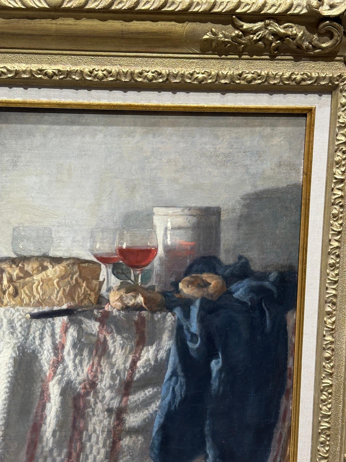 Bodegón impresionista con Pan, Queso y vino en una mesa interior - Painting Impresionista de George Weissbort