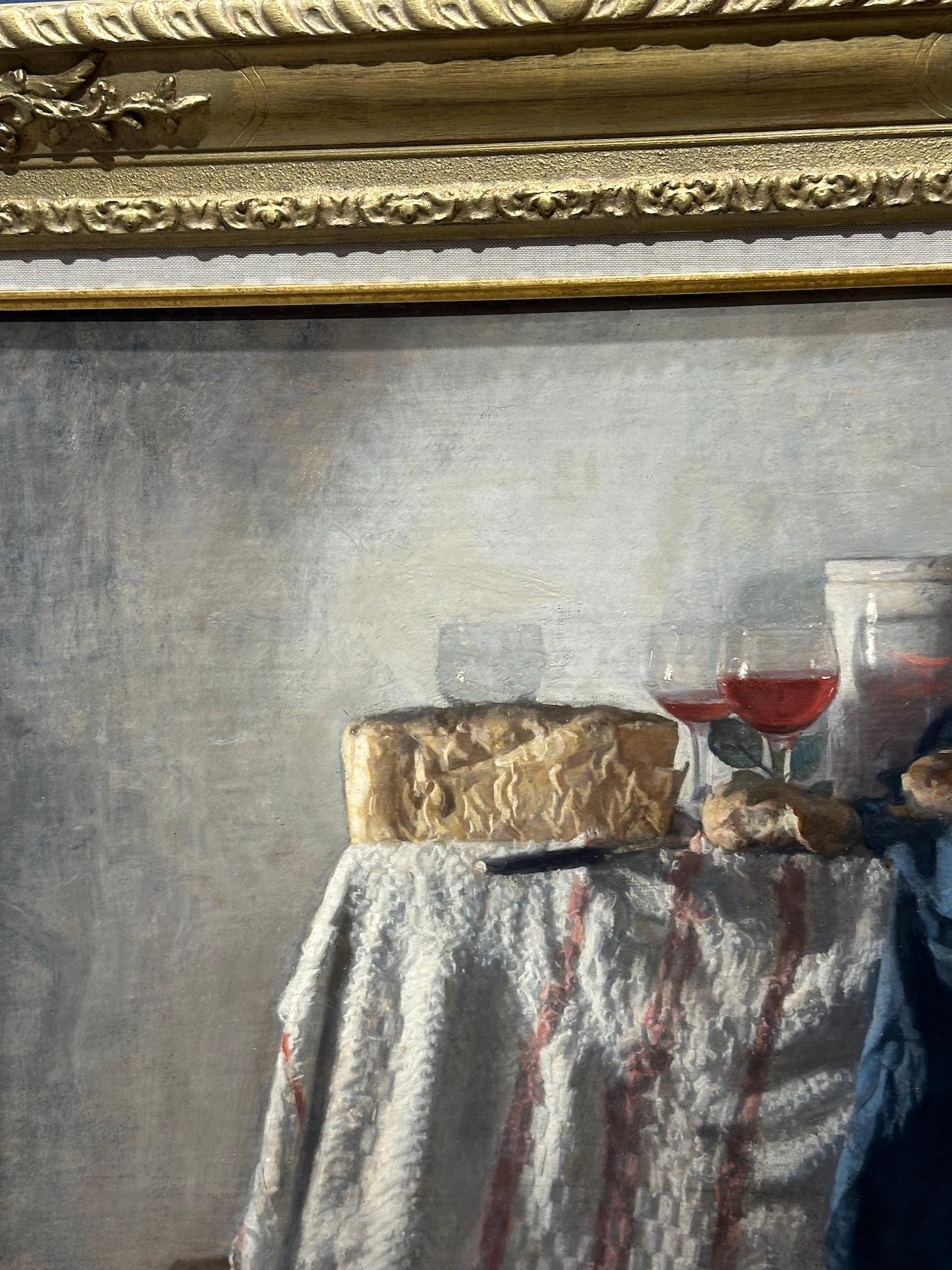 Bodegón impresionista con Pan, Queso y vino en una mesa interior - Interior Painting Marrón de George Weissbort