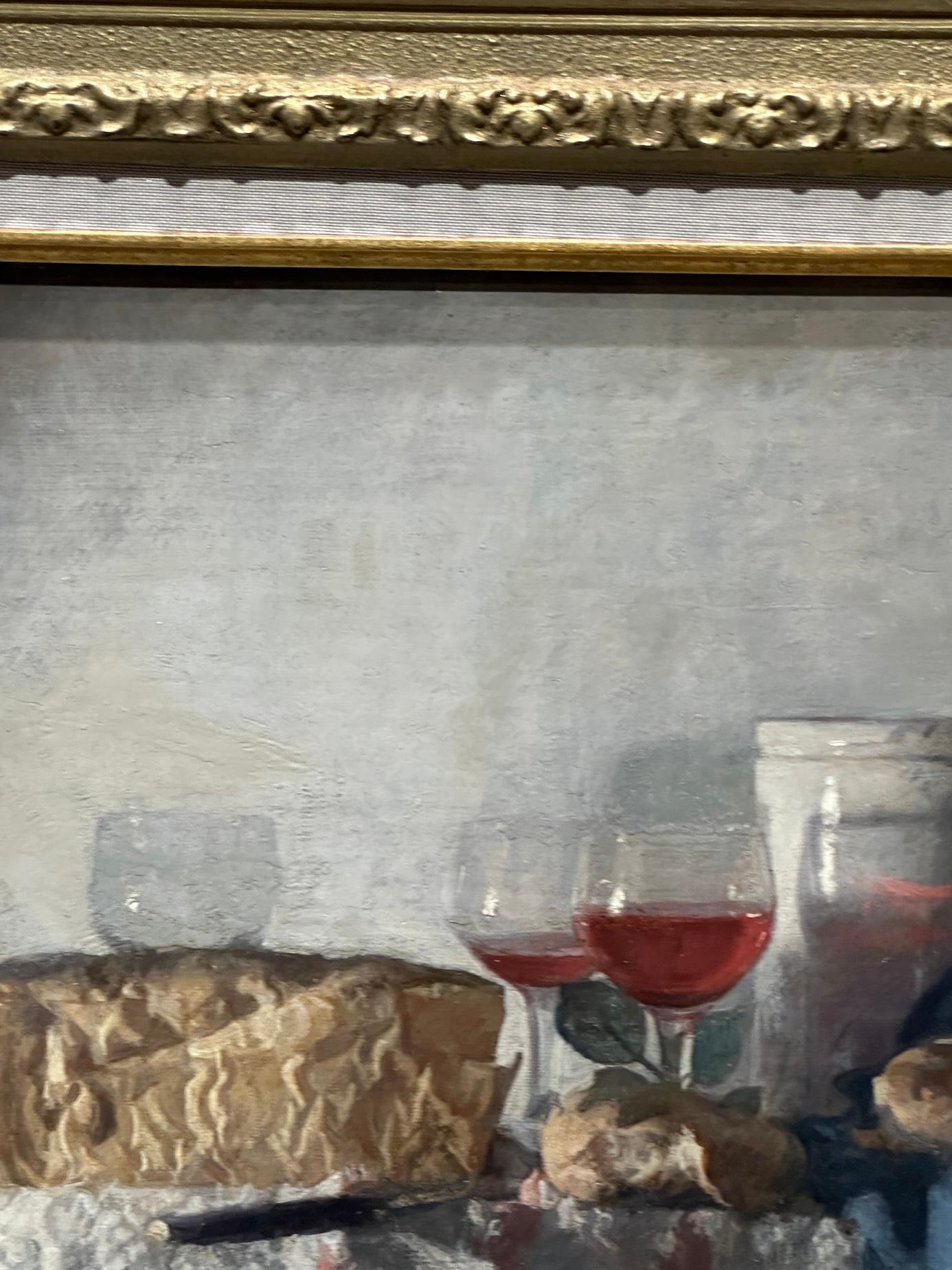 Bodegón impresionista con Pan, Queso y vino en una mesa interior en venta 2