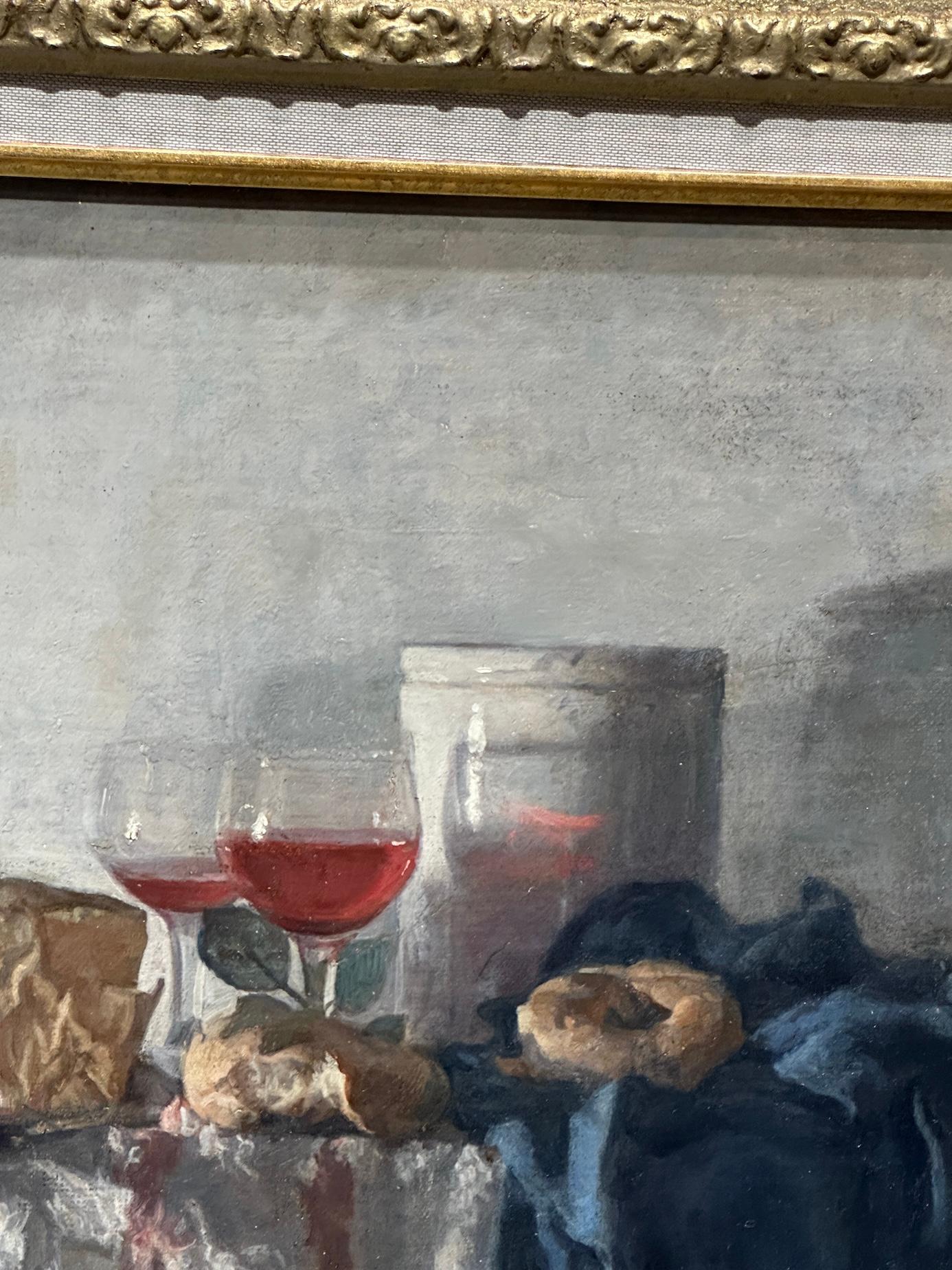 Bodegón impresionista con Pan, Queso y vino en una mesa interior en venta 3