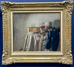 Impressionist still life with Bread, Cheese and wine on a dinner table interior