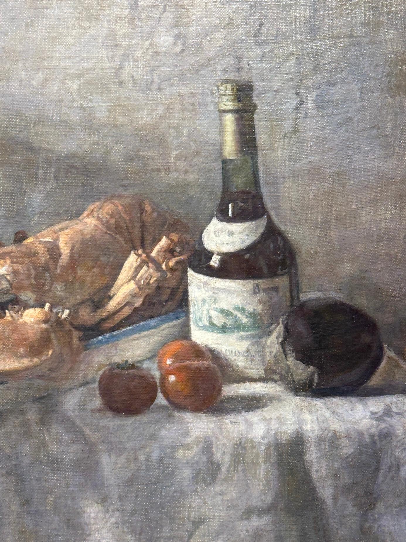 Natura morta impressionista con vino, aragosta, cibo su un tavolo da pranzo interno - Painting Impressionismo di George Weissbort