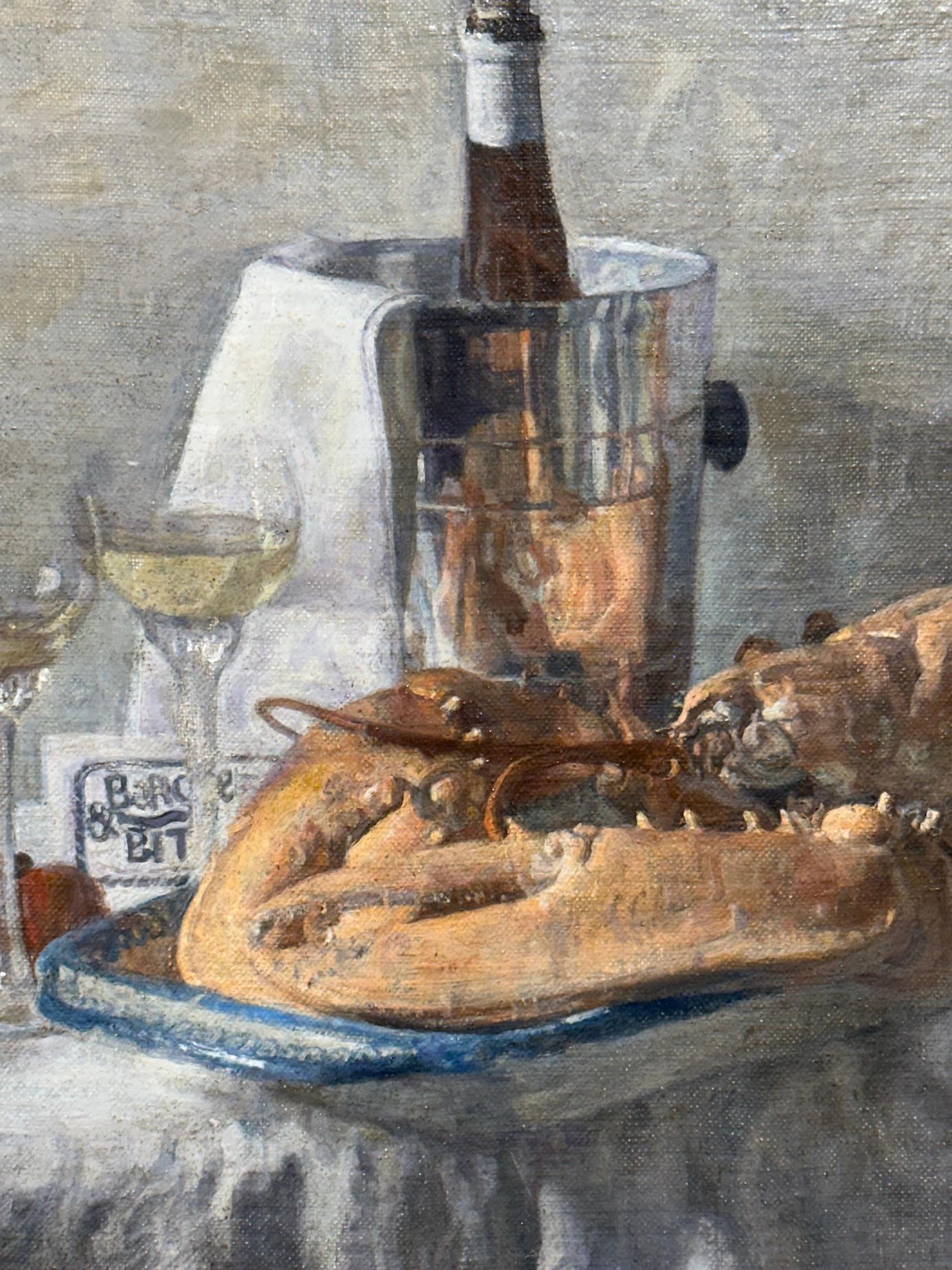 Natura morta impressionista con vino, aragosta, cibo su un tavolo da pranzo interno - Interior Painting Marrone di George Weissbort