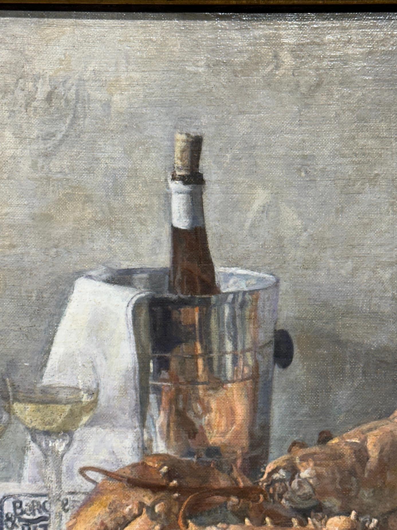 Natura morta impressionista con vino, aragosta, cibo su un tavolo da pranzo interno in vendita 1
