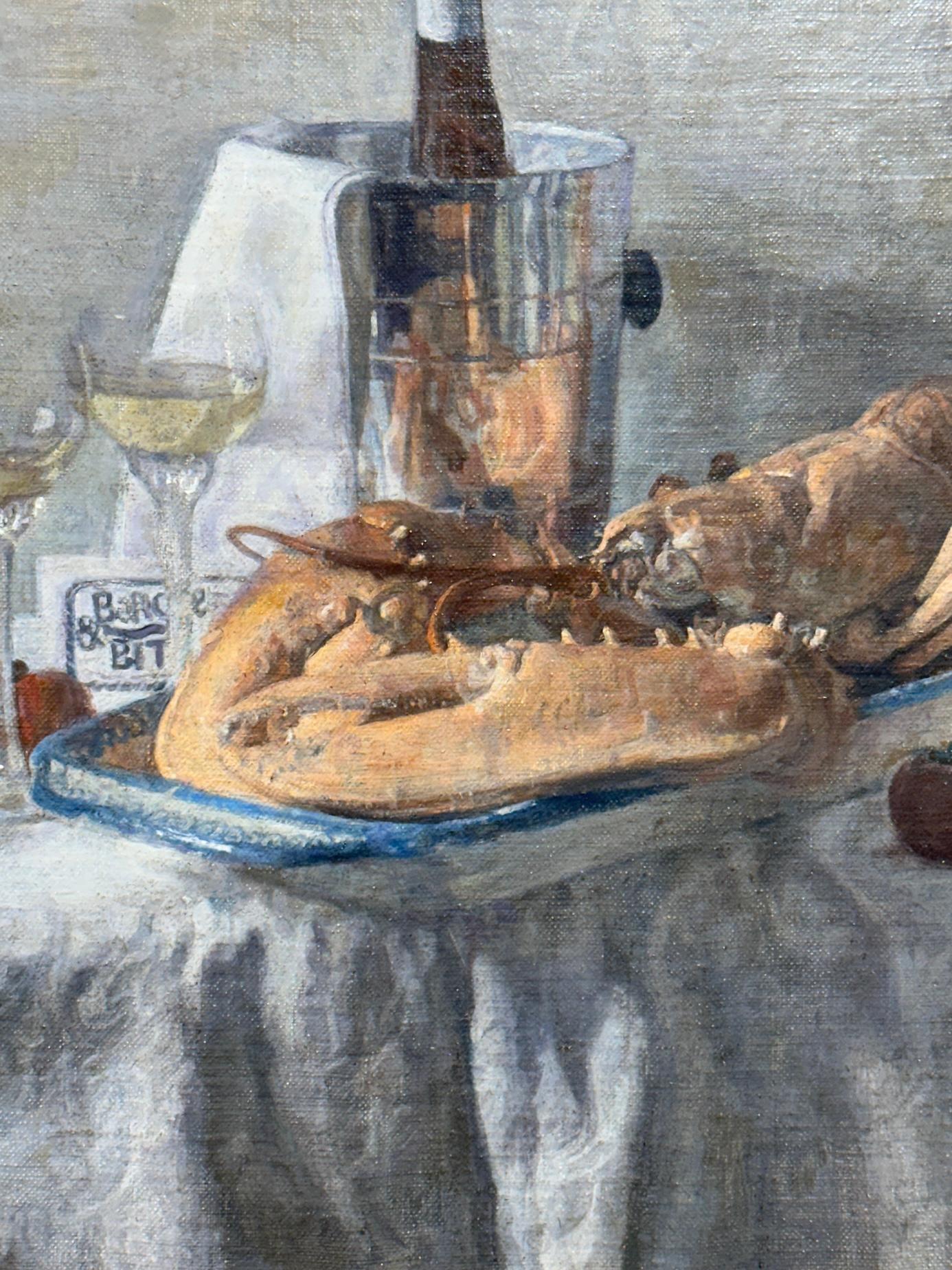 Natura morta impressionista con vino, aragosta, cibo su un tavolo da pranzo interno in vendita 3