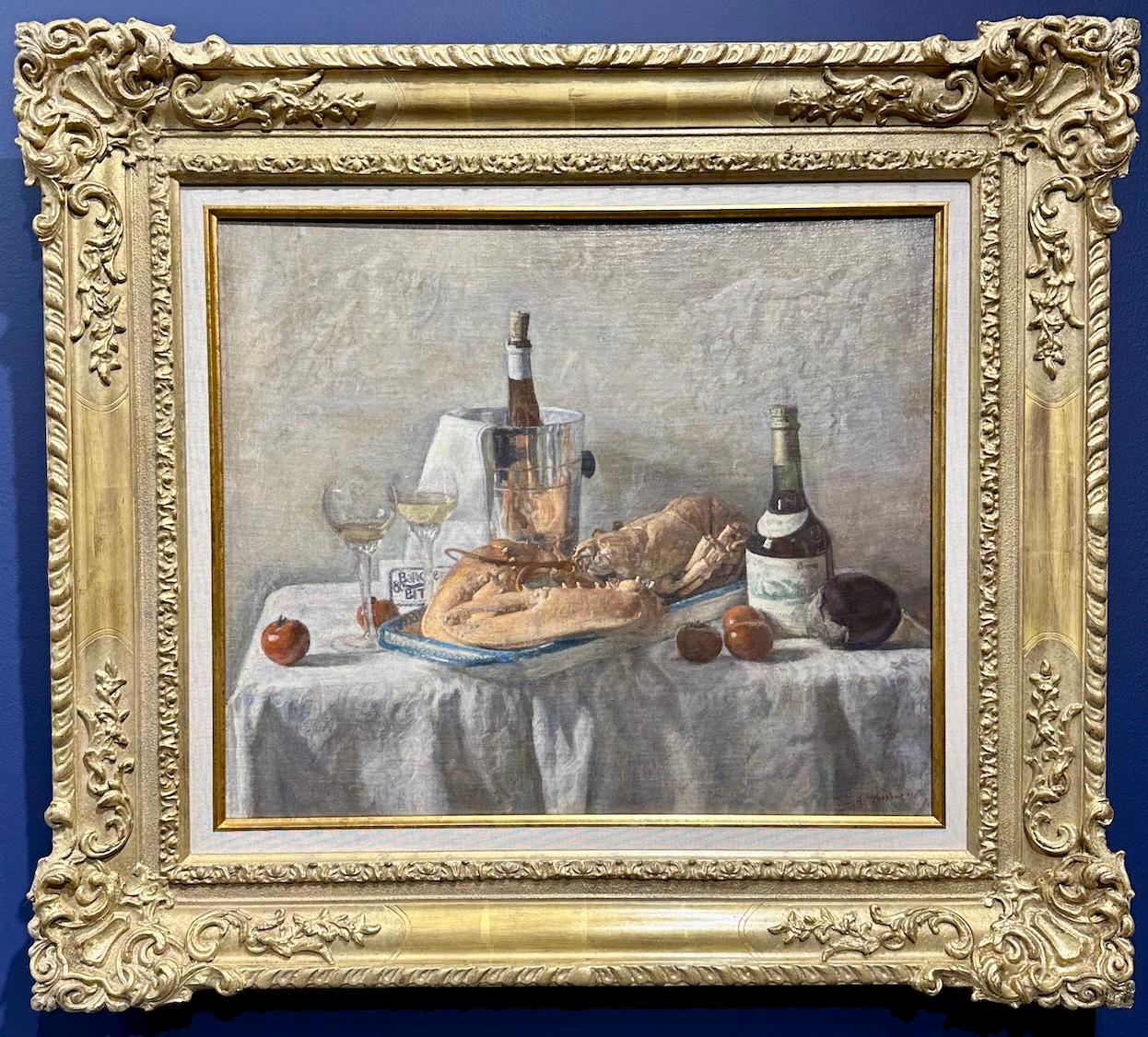 Impressionist still life with wine, Lobster, food on a dinner table interior