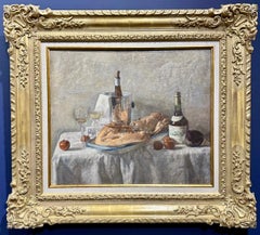 Impressionist still life with wine, Lobster, food on a dinner table interior