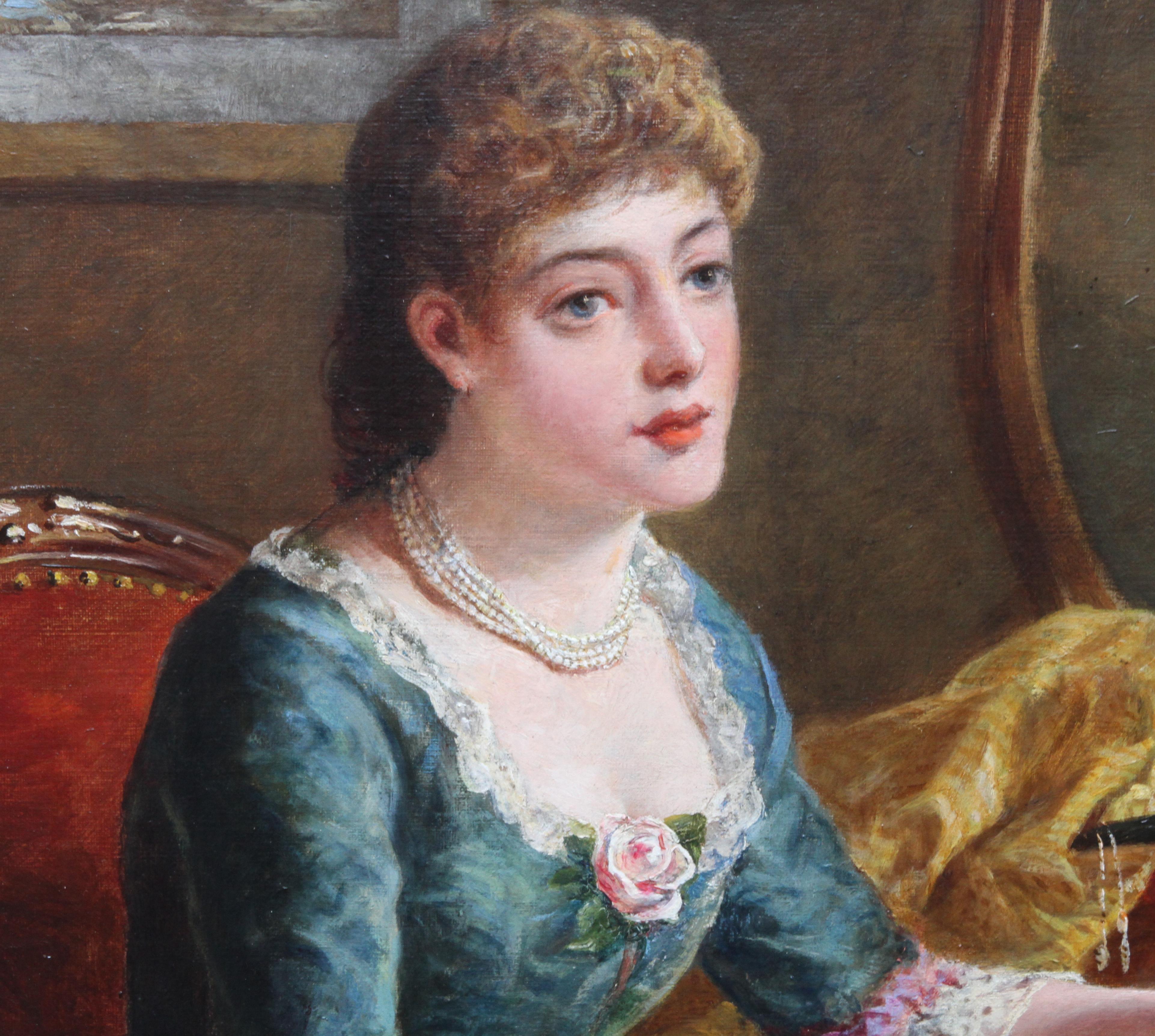 Ce charmant portrait à l'huile est l'œuvre du célèbre artiste britannique de l'époque victorienne George Wells. Peinte vers 1880, nous savons que l'élégante est CIRCA, mais nous ne connaissons pas son lien avec Wells.  Chlorinda est assise à une