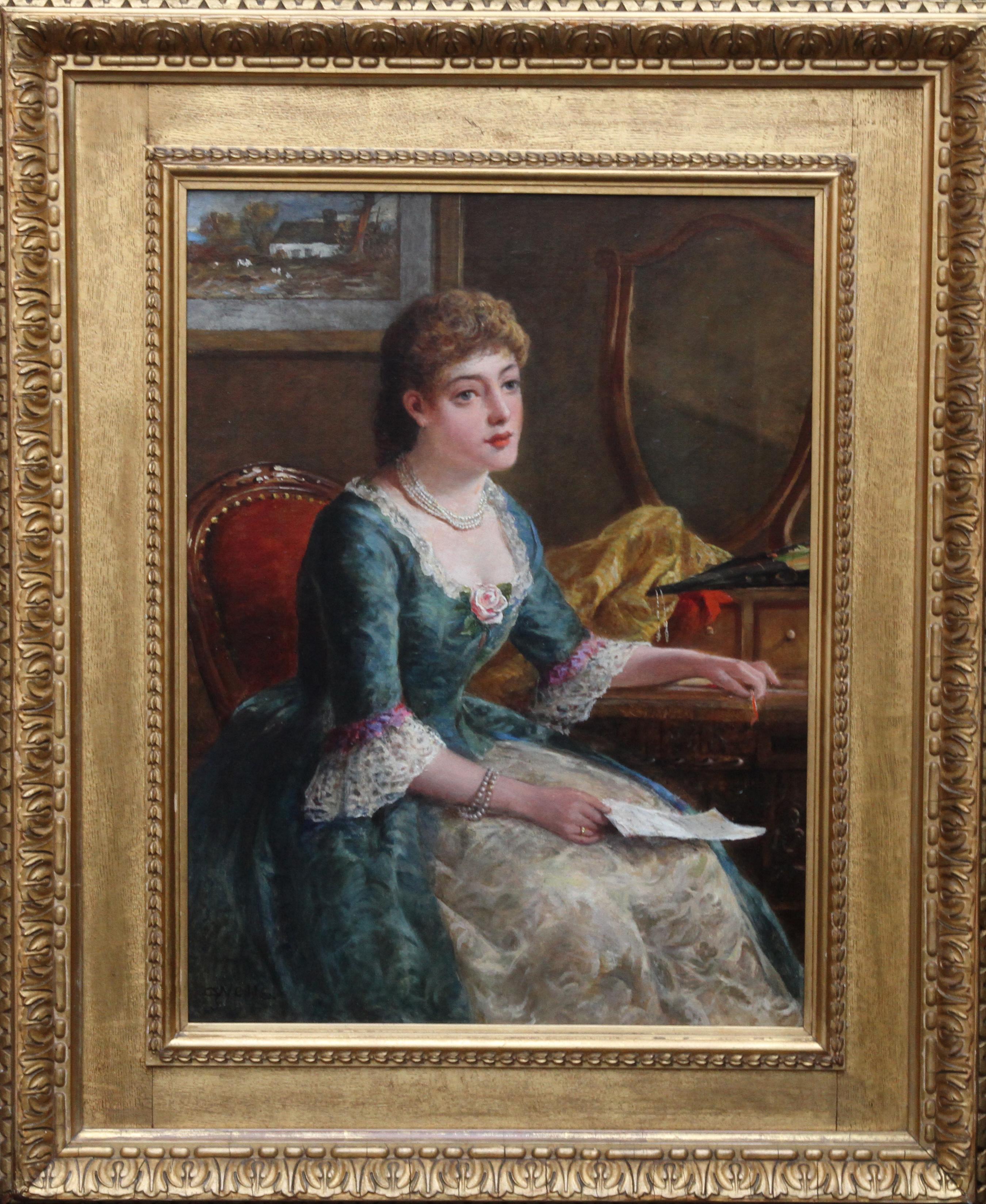 George Wells Interior Painting - Portrait of Chlorinda with Letter - British art Victorian genre oil painting 