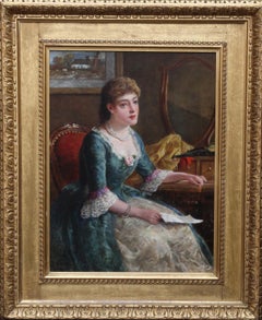 Antique Portrait of Chlorinda with Letter - British art Victorian genre oil painting 