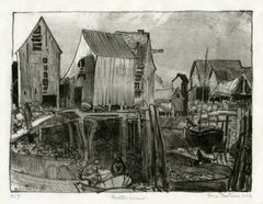 Litografia americana raffigurante una scena portuale nel Maine, opera dell’artista della scuola Ashcan George Bellows, 1916