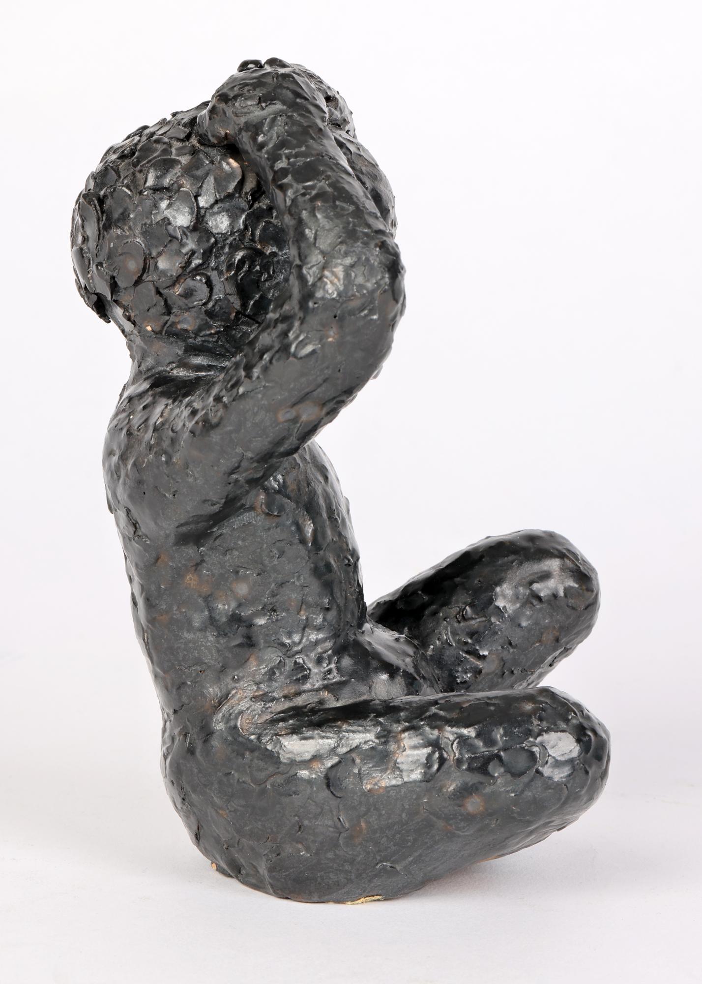 George West Studio Pottery Black Glazed Seated Child Sculpture Dated 1969 For Sale 5