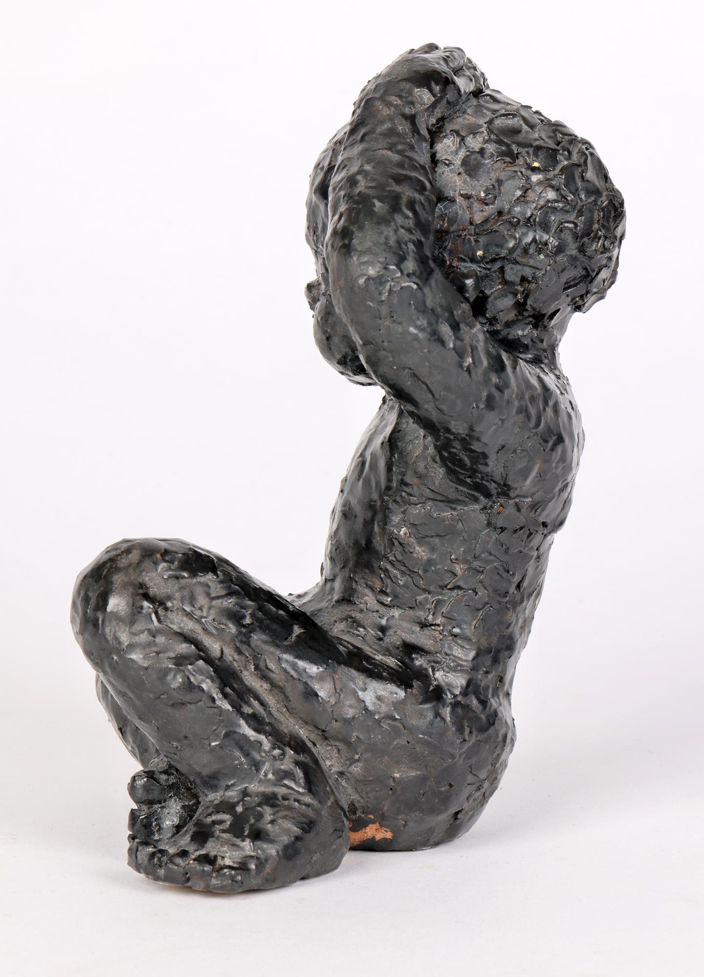 George West Studio Pottery Black Glazed Seated Child Sculpture Dated 1969 For Sale 7