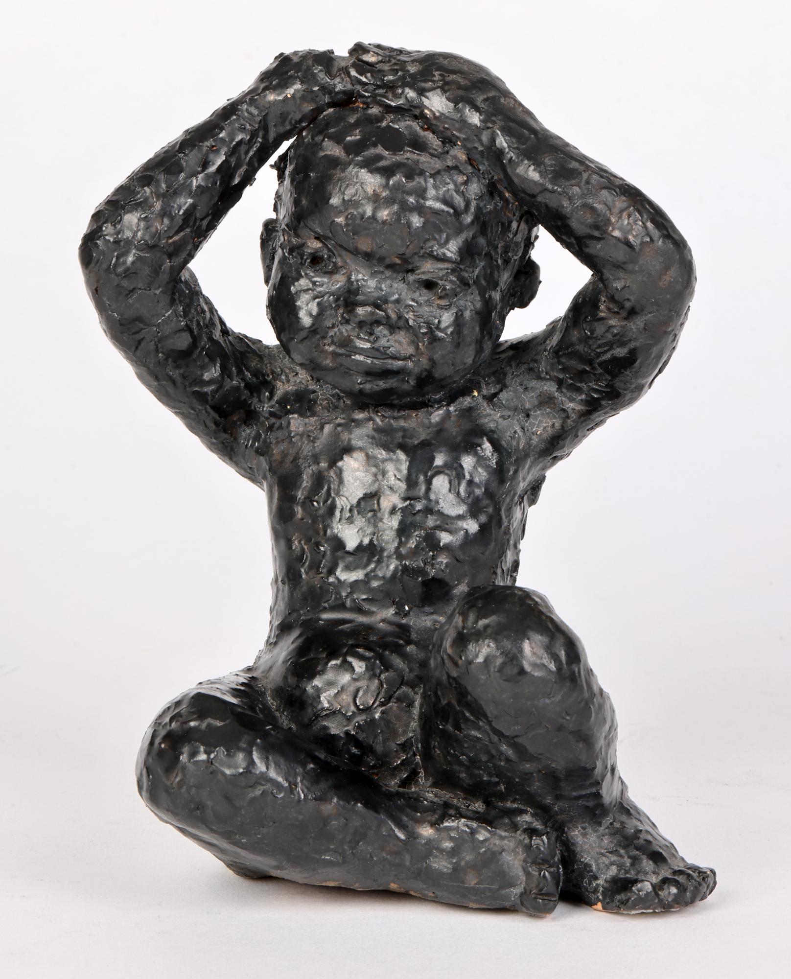 George West Studio Pottery Black Glazed Seated Child Sculpture Dated 1969 In Good Condition For Sale In Bishop's Stortford, Hertfordshire