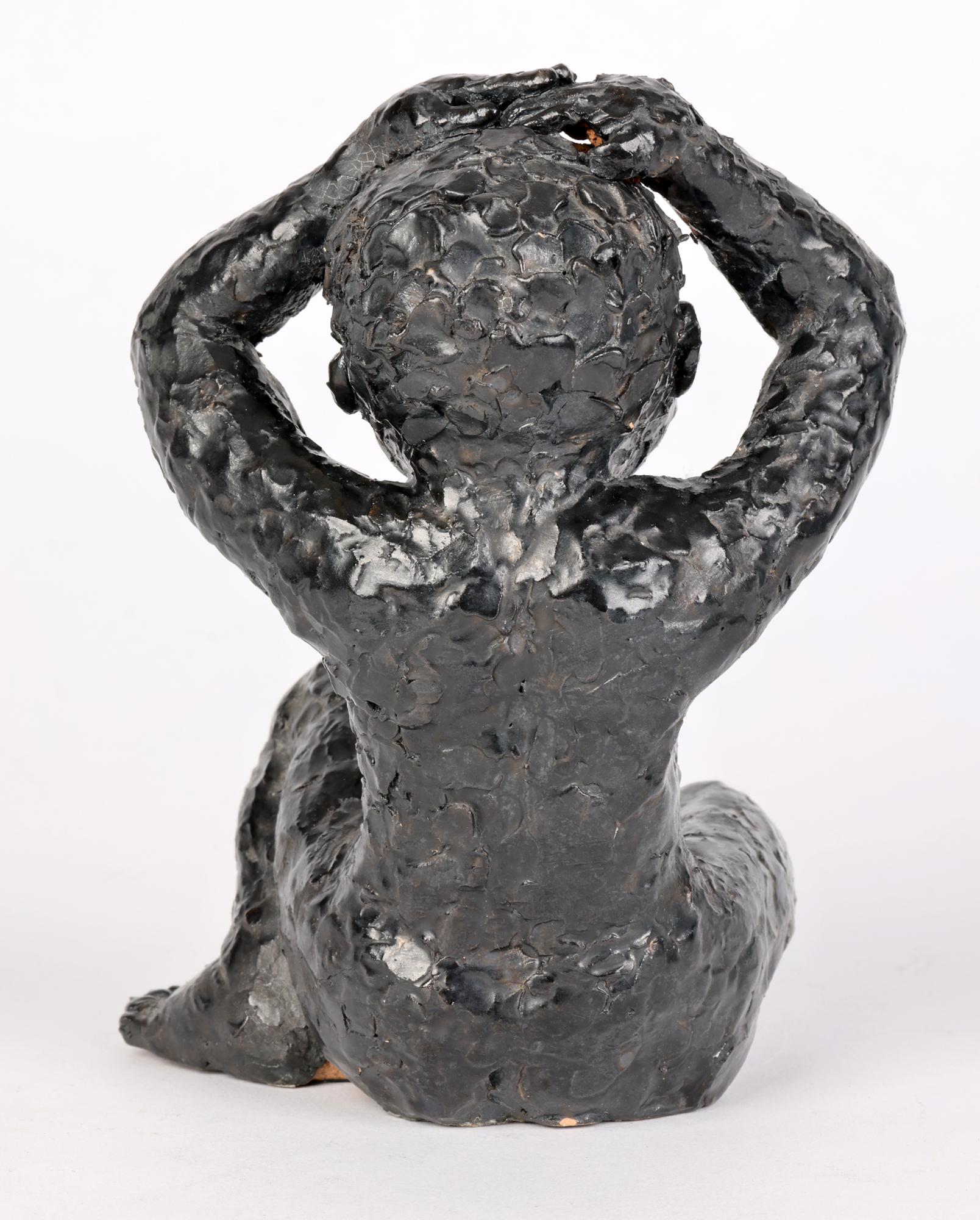 George West Studio Pottery Black Glazed Seated Child Sculpture Dated 1969 For Sale 2