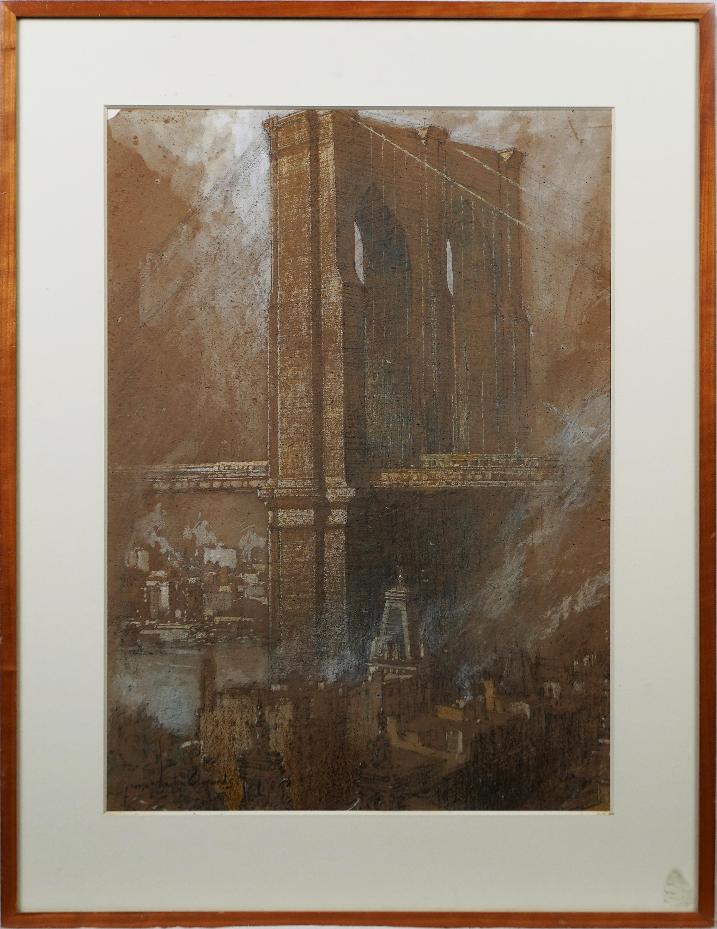 Importante peinture rare de l'école Ashcan signée Brooklyn Bridge, vue de la ville de New York - Painting de George Wharton Edwards