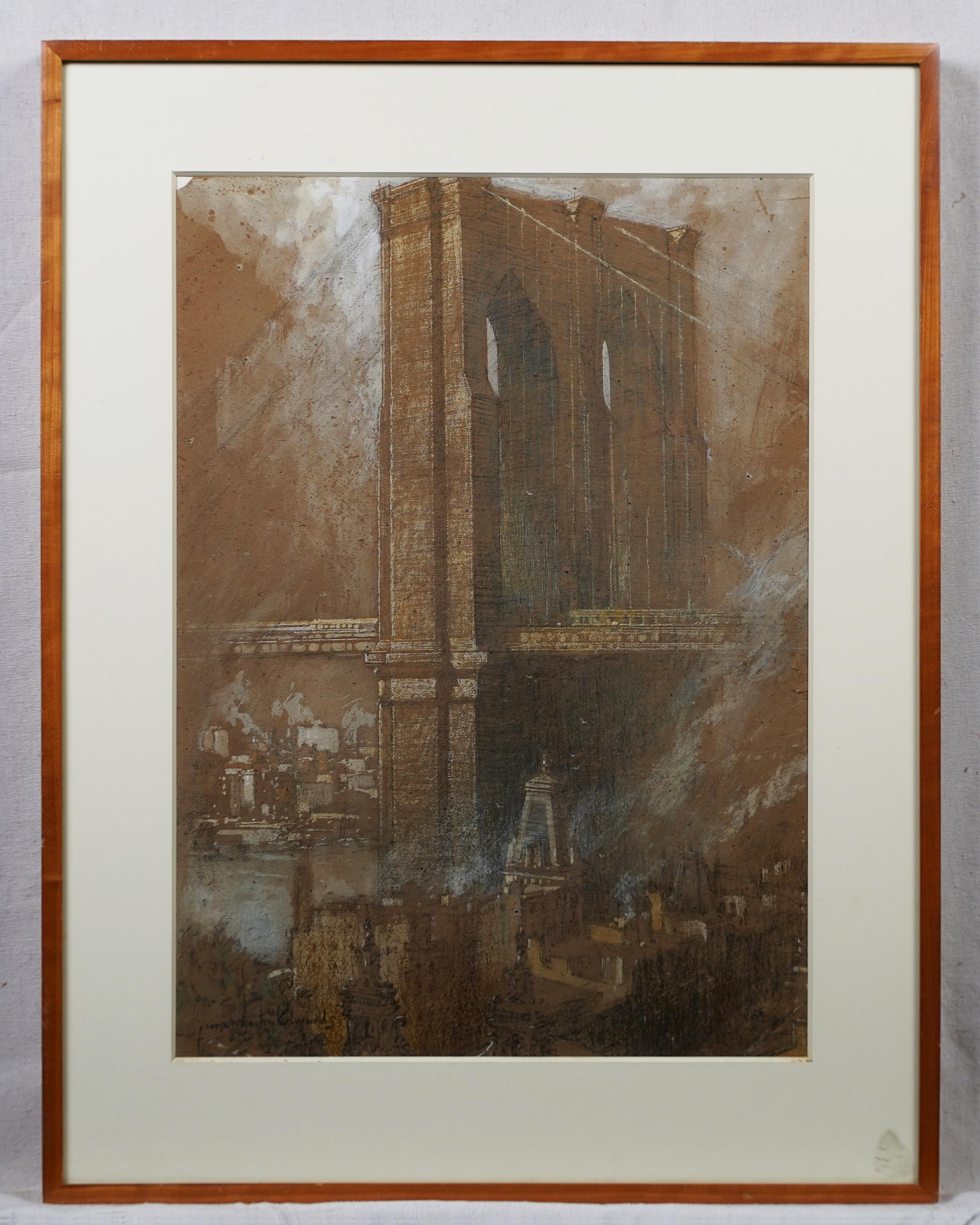 Importante peinture rare de l'école Ashcan signée Brooklyn Bridge, vue de la ville de New York - Impressionnisme Painting par George Wharton Edwards