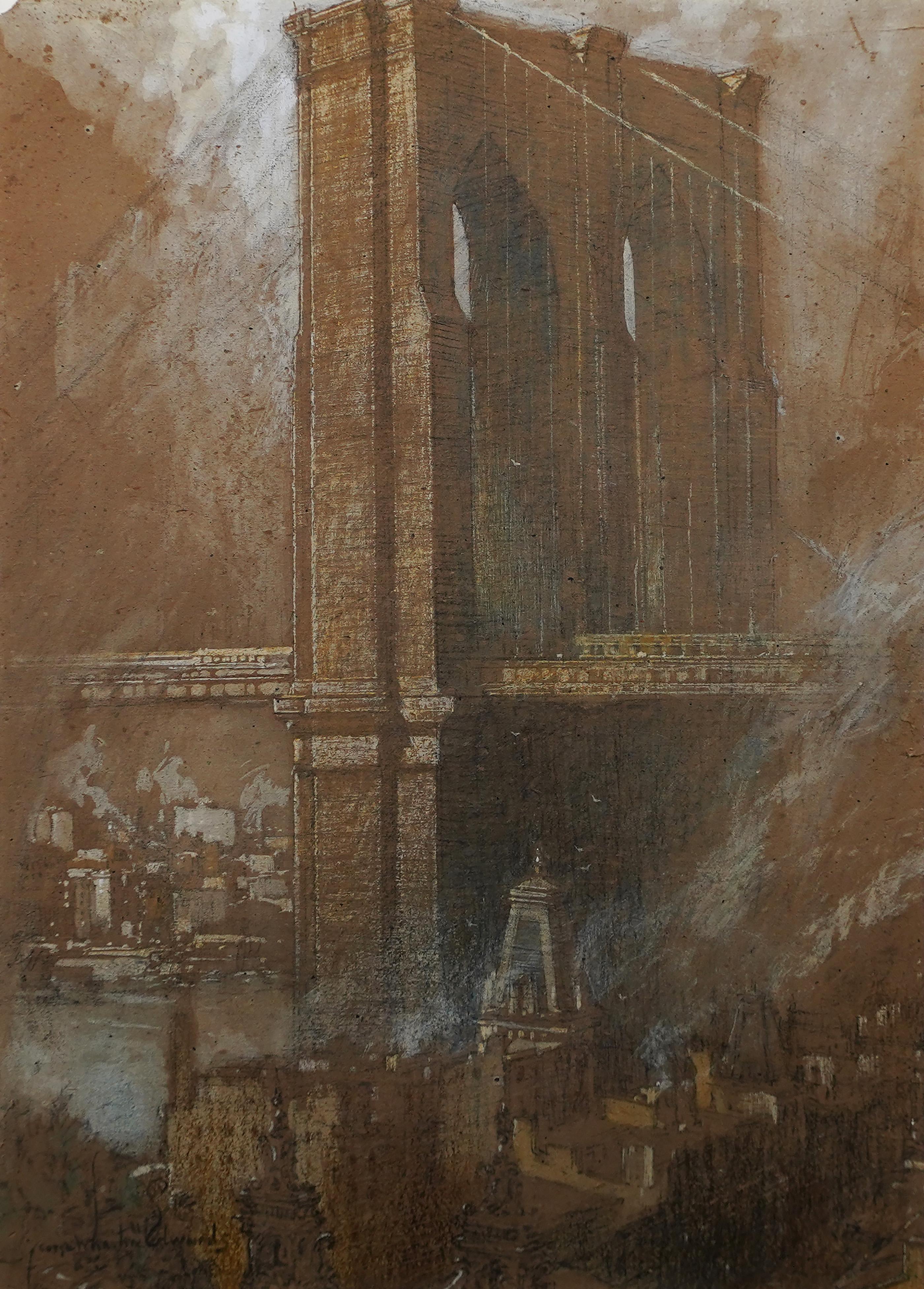 Important Ashcan School Signed Brooklyn Bridge New York City View Rare Painting For Sale 2