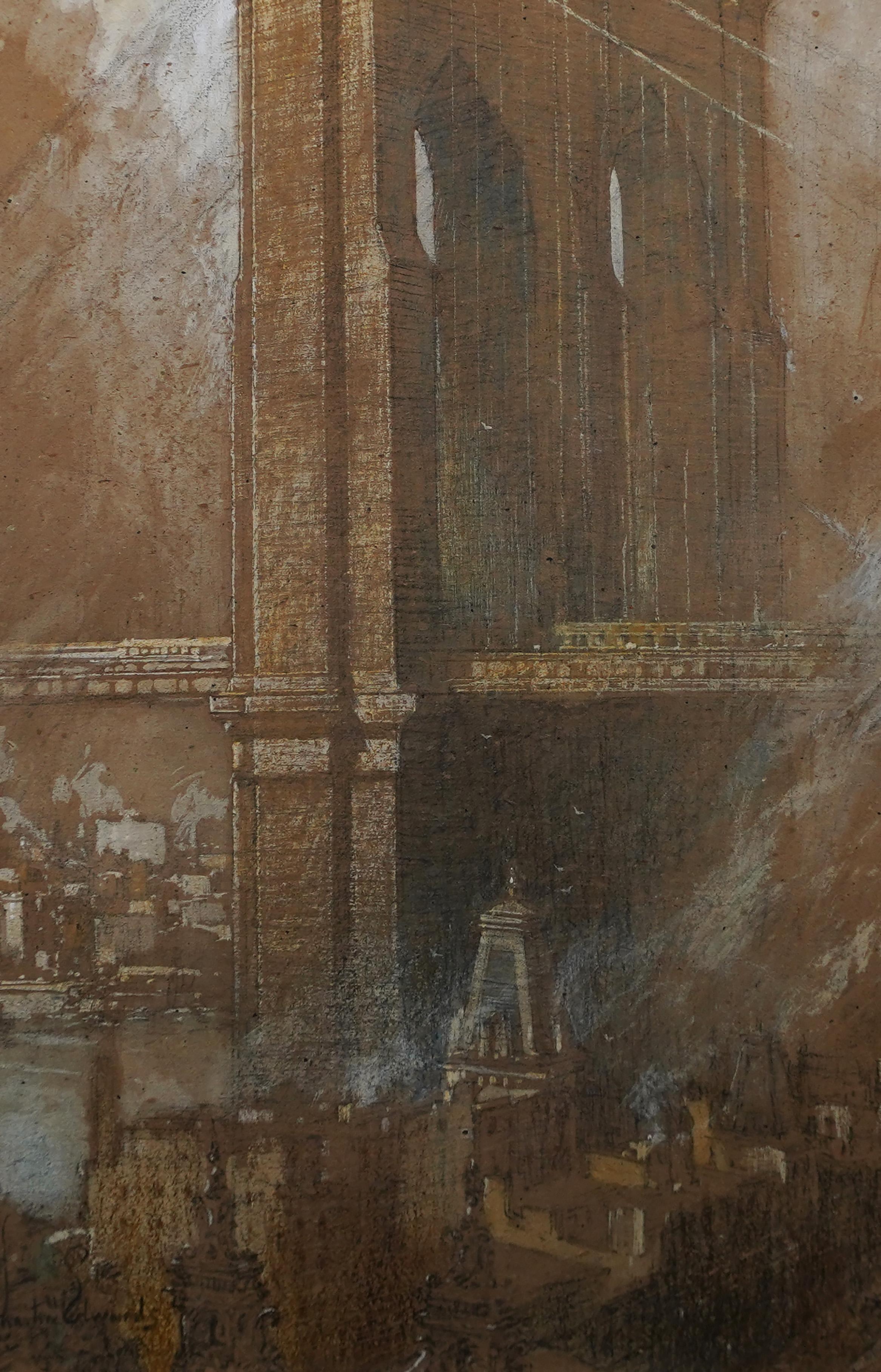 Importante peinture rare de l'école Ashcan signée Brooklyn Bridge, vue de la ville de New York en vente 1