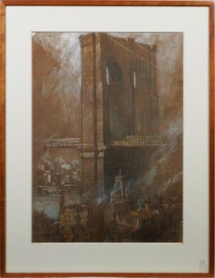 Importante peinture rare de l'école Ashcan signée Brooklyn Bridge, vue de la ville de New York