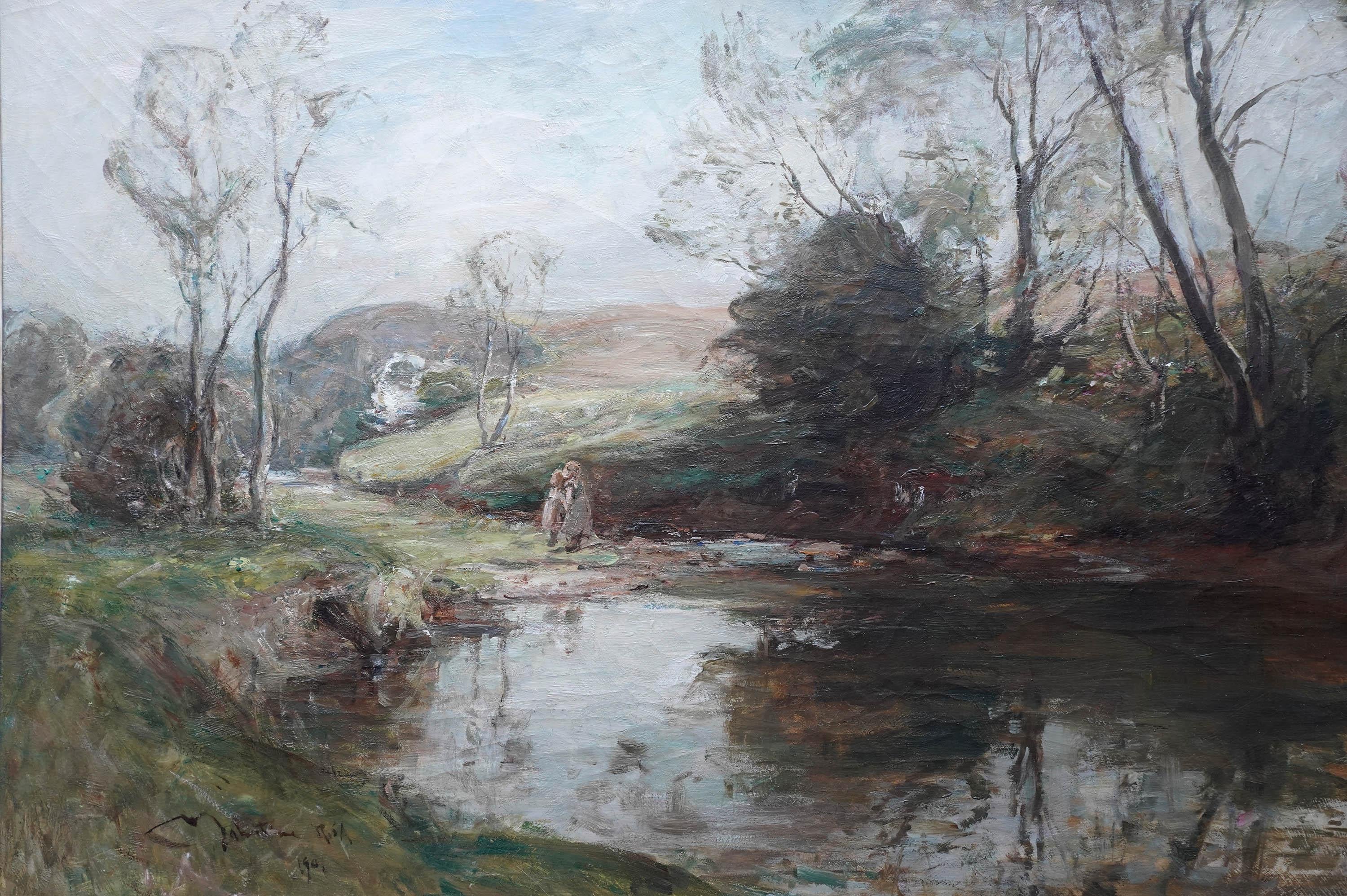 A Shady Pool - Scottish Edwardian Impressionist art landscape oil painting - Painting by George Whitton Johnstone