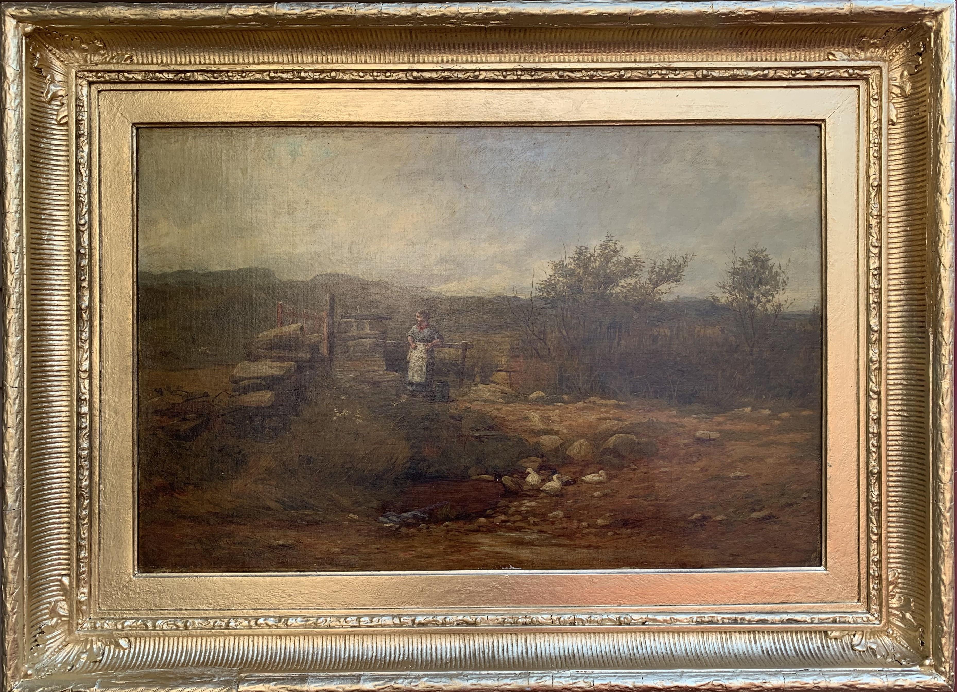 Il s'agit d'une peinture à l'huile ancienne sur toile représentant un paysage de campagne avec une femme et des canards.  

Signé et daté 1876 en bas à gauche par l'Artiste répertorié George Whitton Johnstone (Britannique, 1849-1901)

Présenté dans