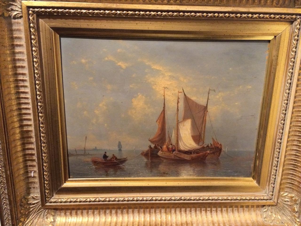 Sailing Vessels in Calm Seas Offshore - Sailboat Sail Boat 19th cent oil/panel  - Painting by George Willem Opdenhoff