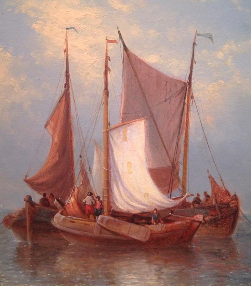 Sailing Vessels in Calm Seas Offshore - Sailboat Sail Boat 19th cent oil/panel  - Dutch School Painting by George Willem Opdenhoff