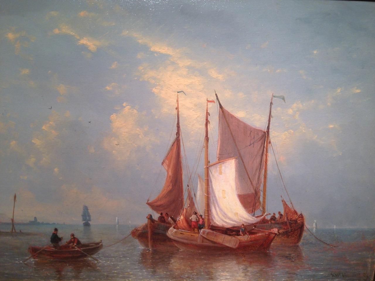George Willem Opdenhoff Landscape Painting - Sailing Vessels in Calm Seas Offshore - Sailboat Sail Boat 19th cent oil/panel 