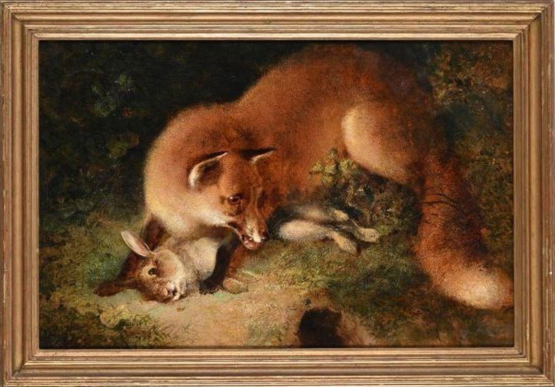 English late 19th century painting of a fox with a rabbit 